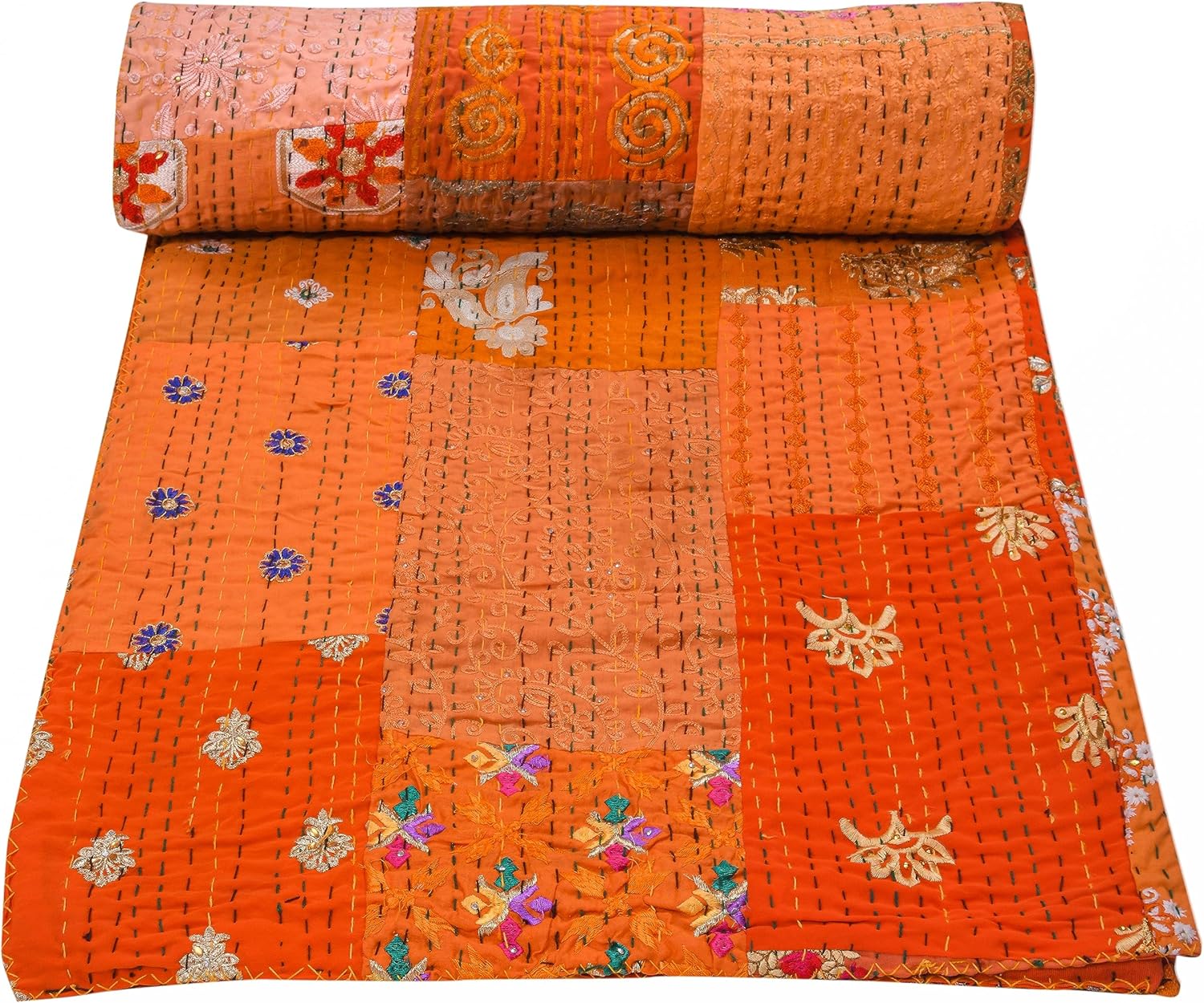 Marubhumi Quilts Handmade Vintage Khambadiya Handwork Hand Jari Patchwork Embroidery, Reversible, Jungle Print Vintage Kantha Quilt, Comforter, Green - King (108 x 108 Inches)