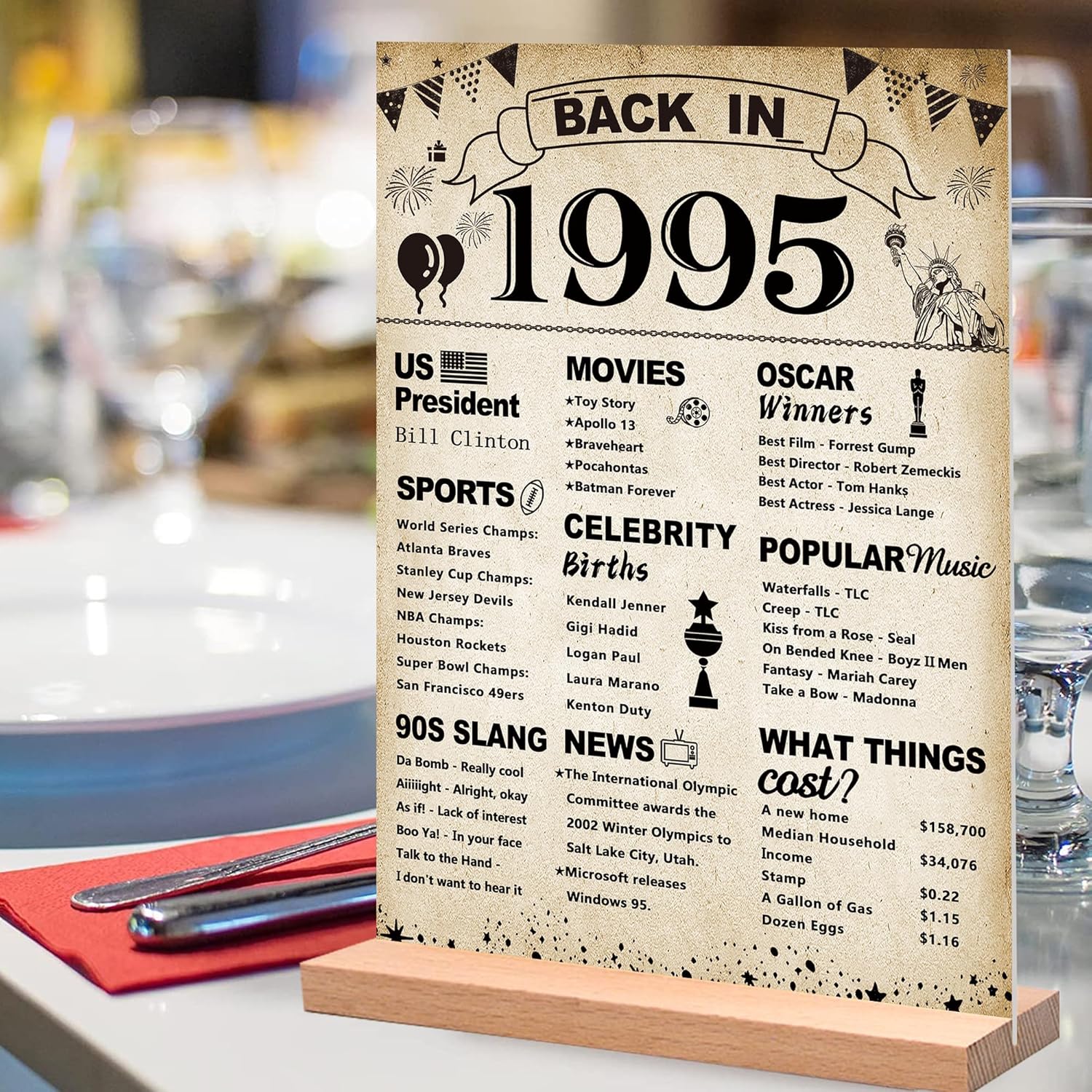 DARUNAXY 31st Birthday Party Decorations, Vintage Back in 1995 Poster Acrylic Sign with Stand 31 Year Old Party Supplies for Men& Women Vintage 1995 Table Decor 31st Anniversary Class Reunion Gifts - Image 4