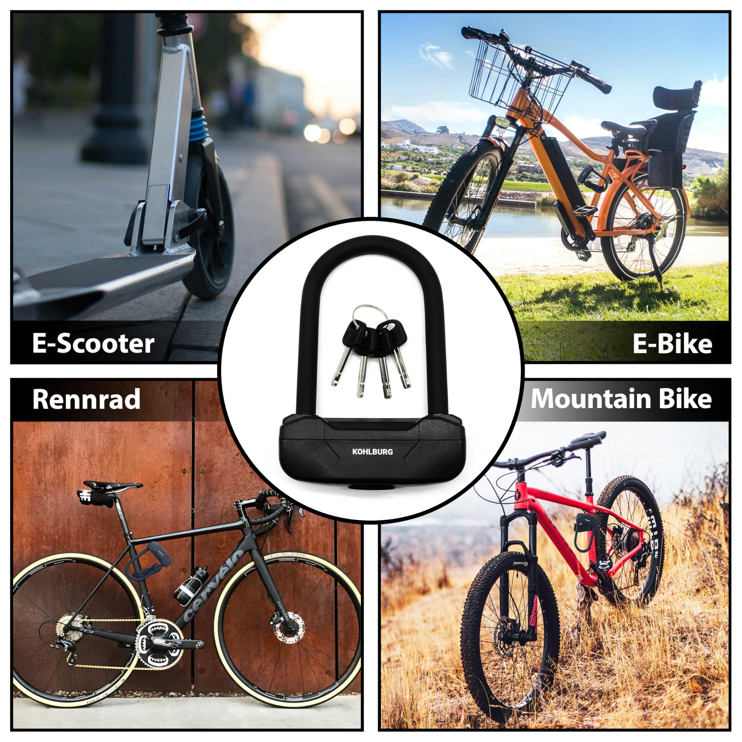 KOHLBURG kleines & leichtes Sicherheits Bügelschloss [900g leicht] - Fahrradschloss mit höchstem Sicherheitslevel 15 - mit 4 Schlüssel & Halterung - U Lock hohe Sicherheit für Fahrrad Ebike e-Scooter