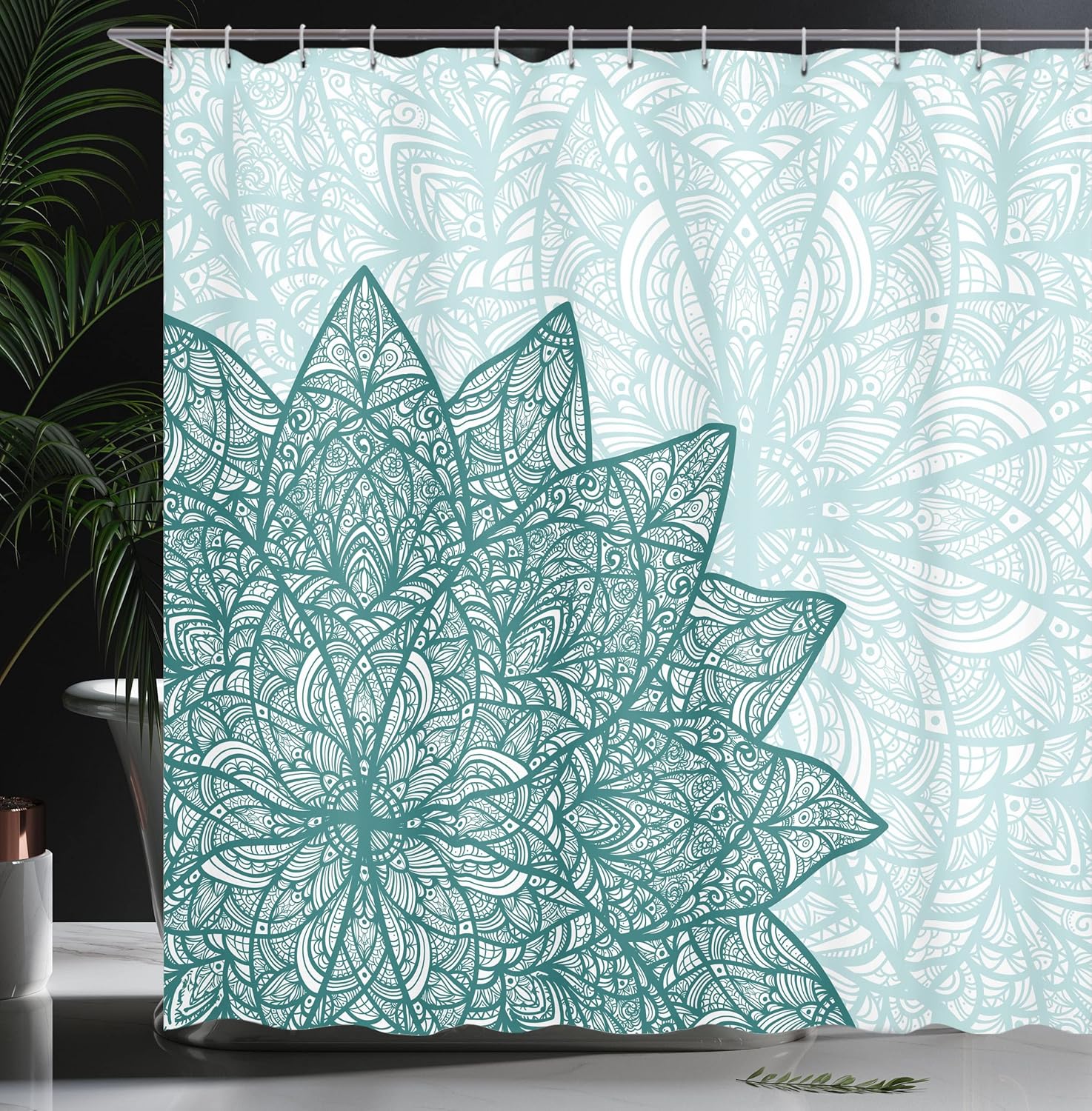 Ambesonne Ethnic Shower Curtain, Classic Mandala Lines and Leafy Details of Bohemian Flowery Trippy Concept Botany, Cloth Fabric Bathroom Decor Set with Hooks, 69" W x 70" L, Jade Green