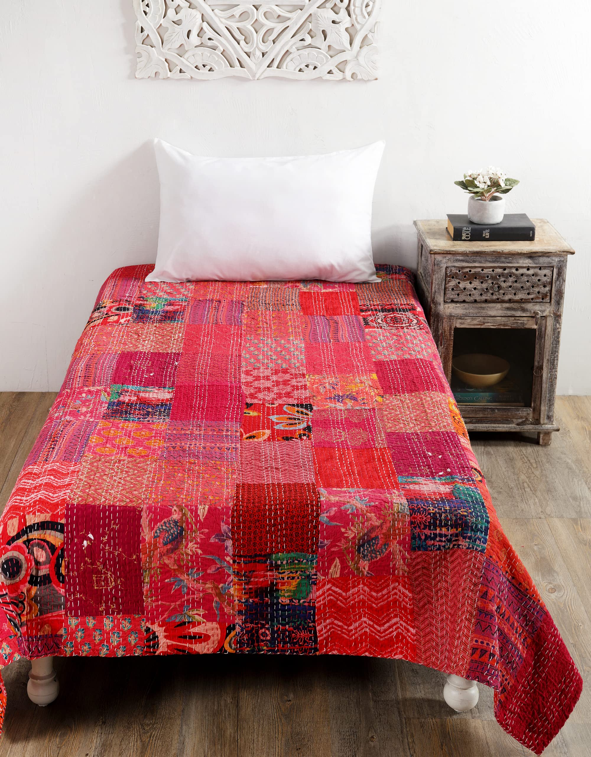 Ravaiyaa - Attitude is everything Cotton Hand Kantha Quilted Quilt Blanket Gudri (Red Patchwork)-image-1