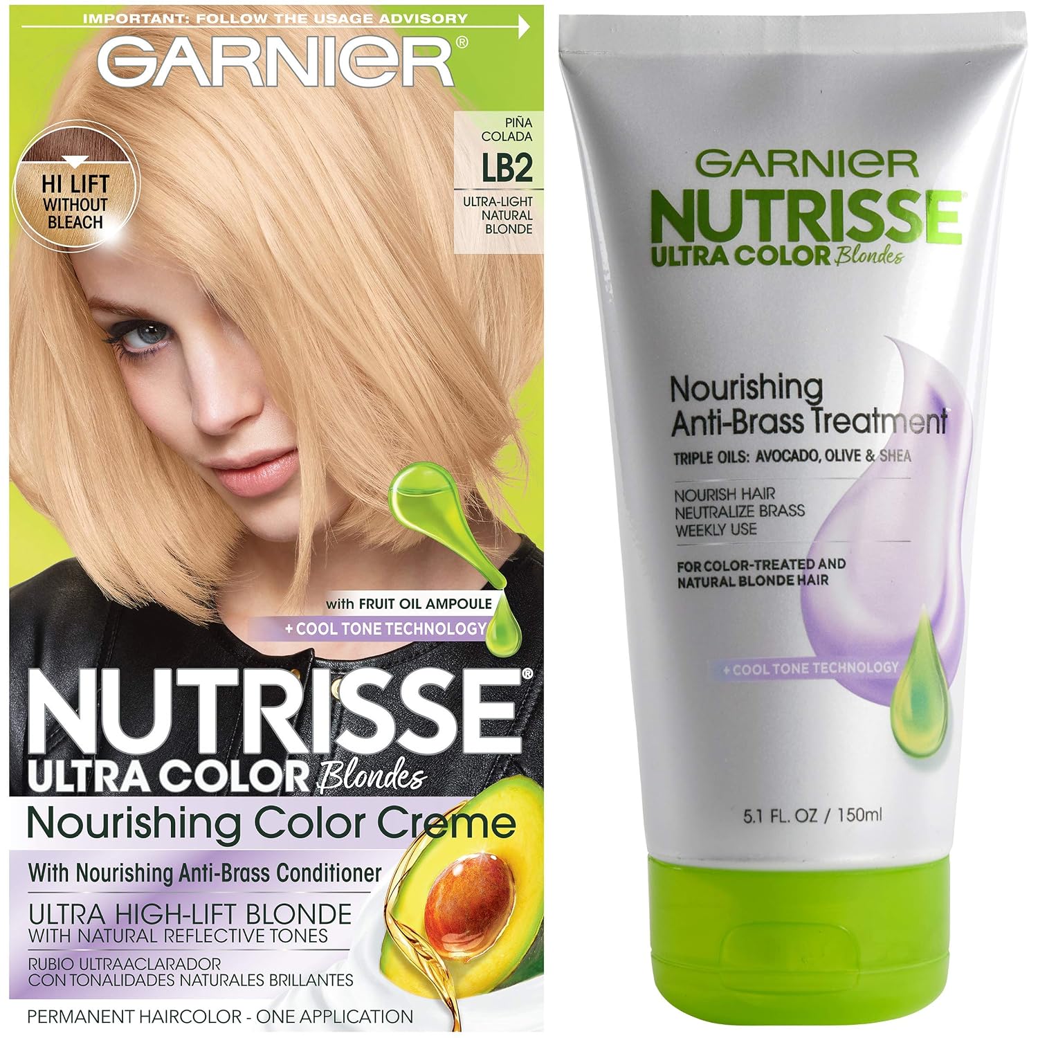 Garnier Nutrisse Ultra Color Hair Color and Anti-Brass Treatment, LB2 Ultra Light Natural Blonde, 2 count