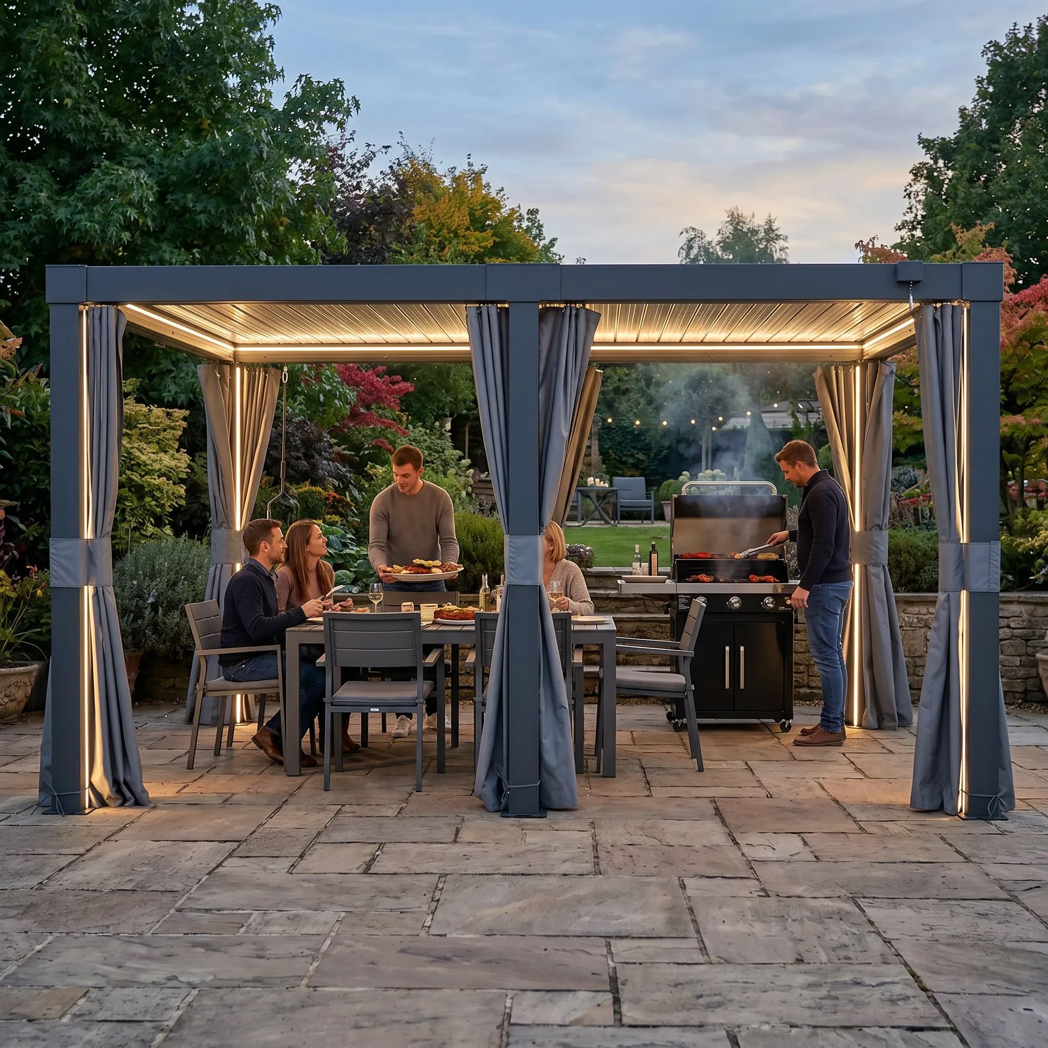 SUNJOY Pergola Ogrodowa 3x4m z zasłonami i siatką przeciwkomarową, Aluminiowa Altana Lamelowa Całoroczna, Ruchomy Dach z Regulacją Kąta, Solidny Pawilon Tarasowy, Antracyt