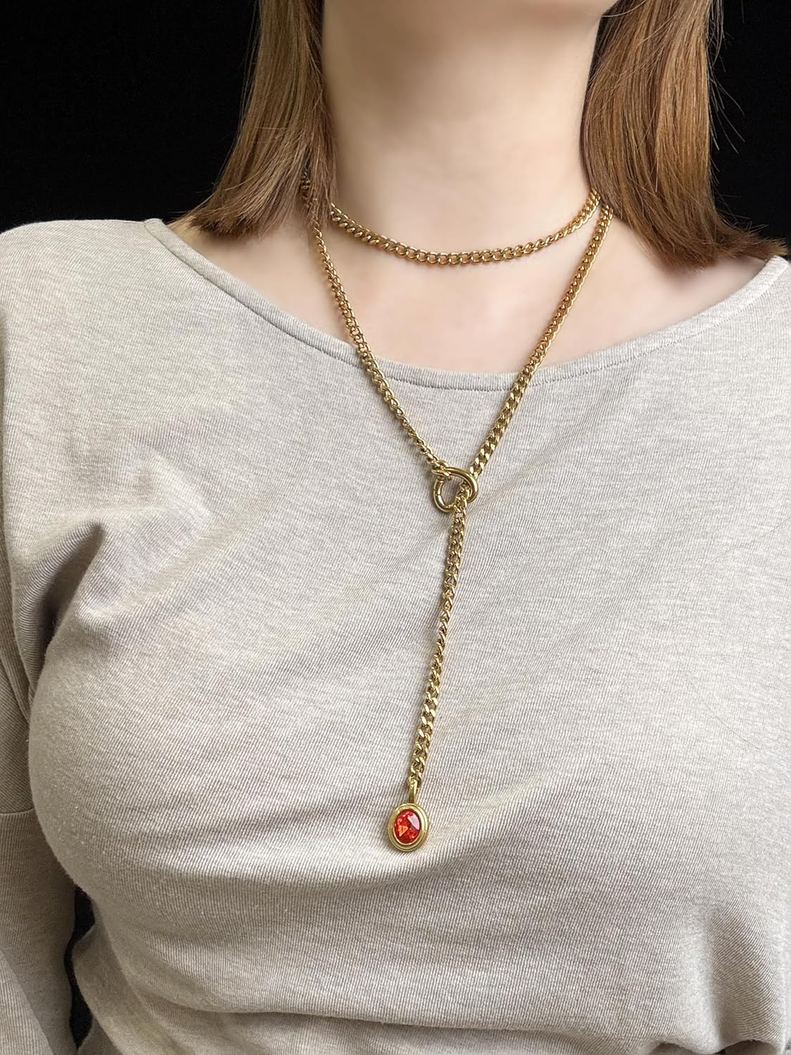 Heart Slip Chain Necklace for Women, 39 Inch Cuban Chain, Removable Heart O-Ring, Crystal Pendant, Adjustable Stainless Steel Y-Necklace - Image 2