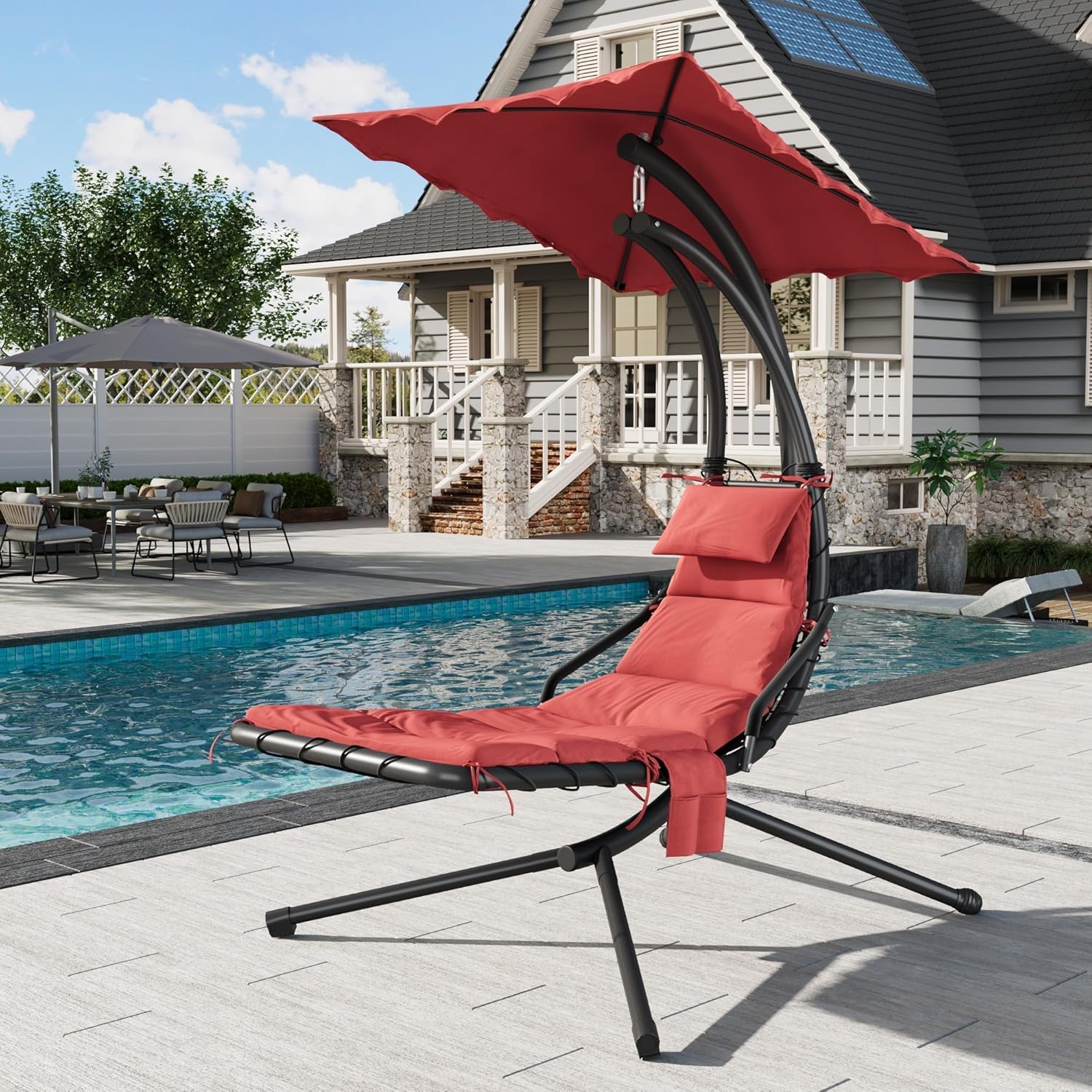 GarveeLife Chaise Lounger Swing Chair with Umbrella Canopy, Patio Hanging Chaise Lounger Chair with Stand, Curved Steel Outdoor Lounge Chairs for Indoor Patio Pool Garden Backyard Porch