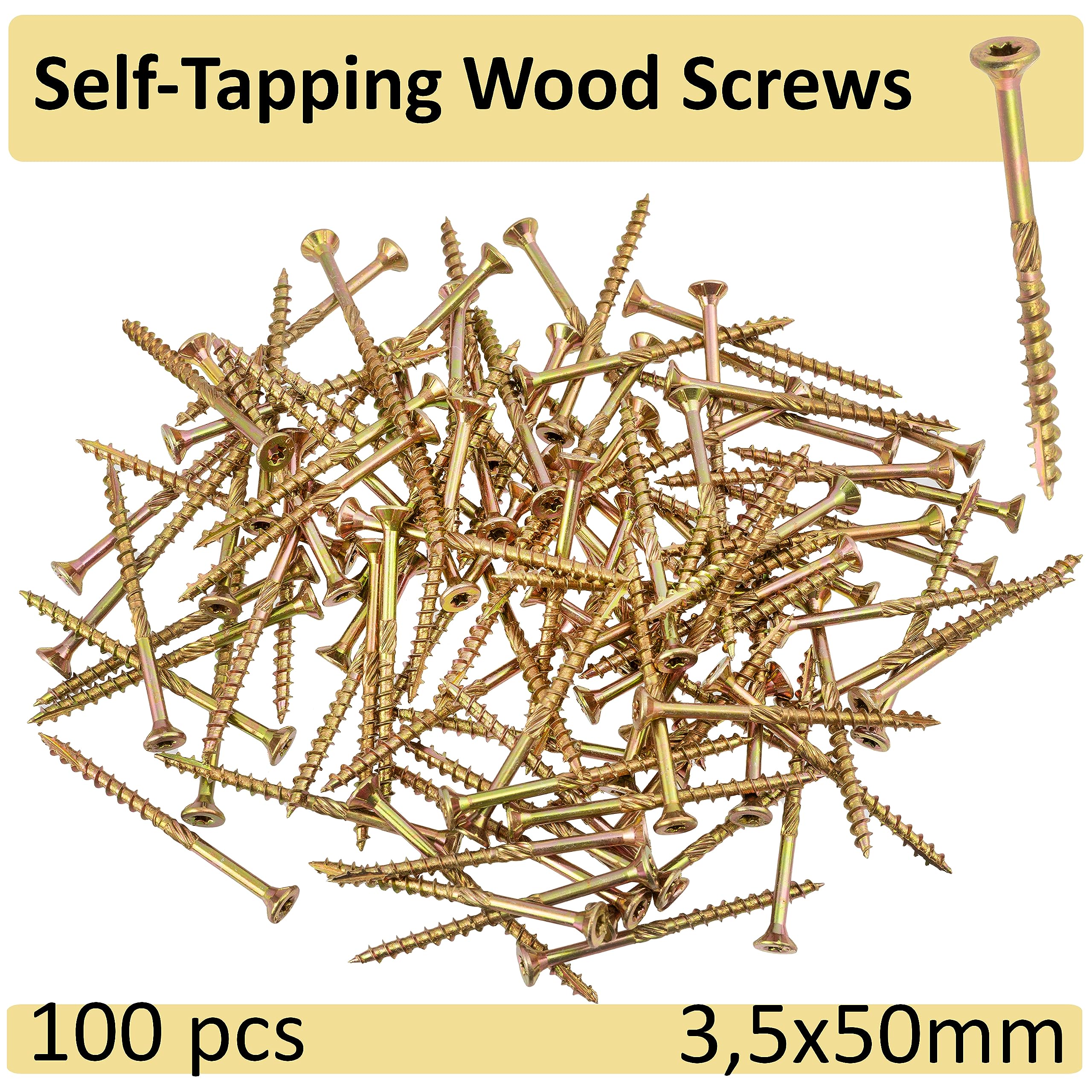 AERZETIX - Set di 100 Viti per Legno Ø3.5x50mm a Testa Fresata - con Impronta Stella T15 - in Acciaio Zincato - Carpenteria Compensato Truciolare Melaminico Terrazza Pannelli Trave