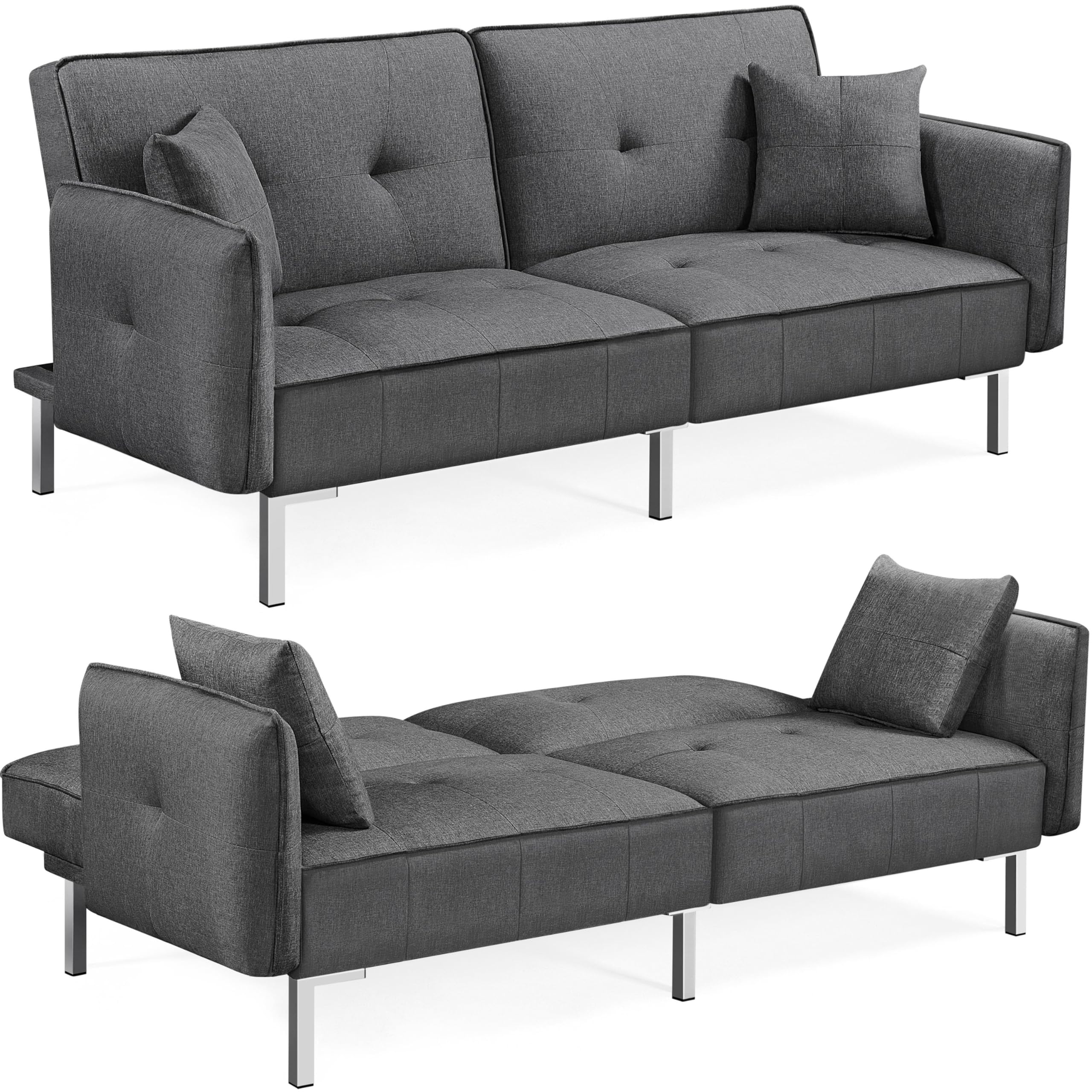 198CM Modern Fabric 3 Seat Sofa Bed Couch Settee with Arms and 2 Soft Cushions Dark Gray