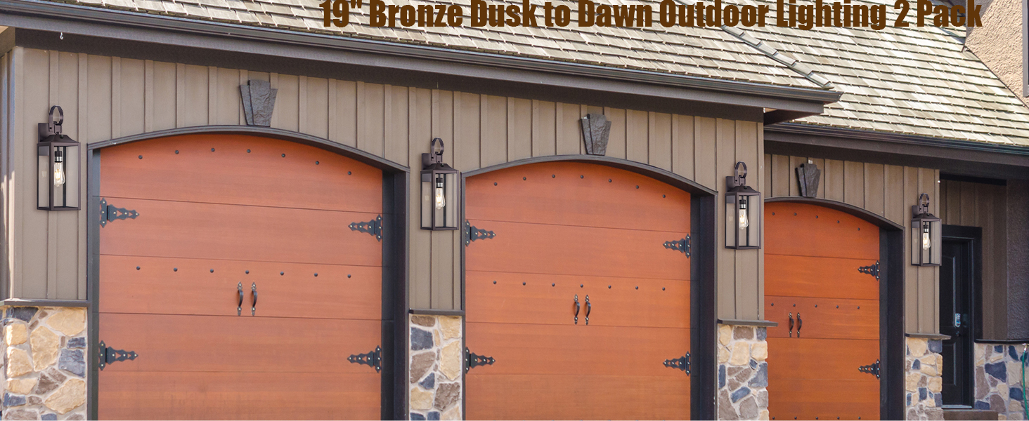 Image of 19 inch Large Dusk to Dawn Outdoor Lighting Bronze 2 Pack | Anti Rust Outdoor Wall Sconce Lantern Lamp, Waterproof Sensor Exterior Light Fixtures, Porch Light for Doorway, Garage, Patio