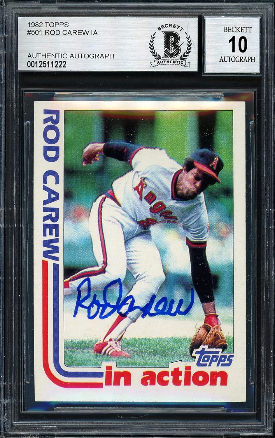 Rod Carew Autographed 1982 Topps In Action Baseball Card #501 Auto Grade 10 Beckett BAS Stock #186053