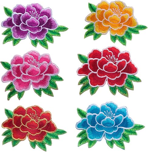 Miniatura 5 de Parches de bordado de flores de peonía, apliques, vestido de boda, decoración de bricolaje, ropa de mujer, parche de tela de costura, 6 piezas (azul)