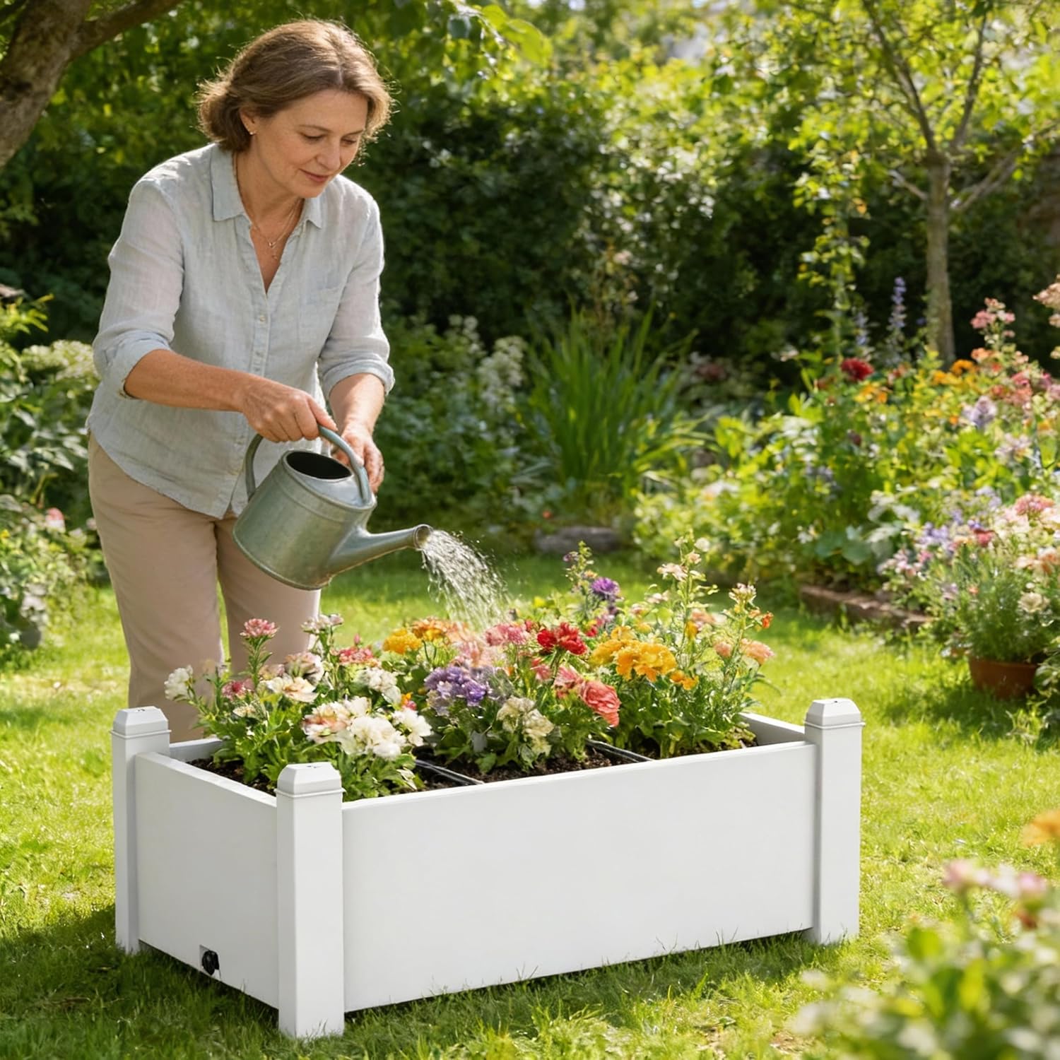Elevated Raised Garden Bed, 14 Gallon Outdoor Large Resin Patio Planter Box Stand Divisible with Drain Plug, Water Monitor for Plants Vegetables Flowers Fruits (Ashen)