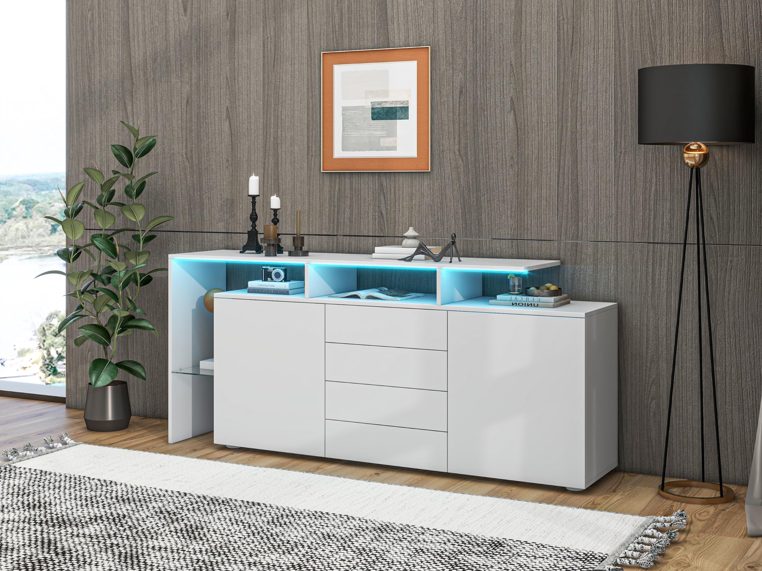 BTM Kommode, Sideboard mit LED, Wohnzimmermöbel in Weiß Hochglanz, Wohnzimmerschrank, Standschrank, TV-Schrank, Wohnzimmerwand, Highboard, Mehrzweckschrank, Buffetschrank Esszimmer