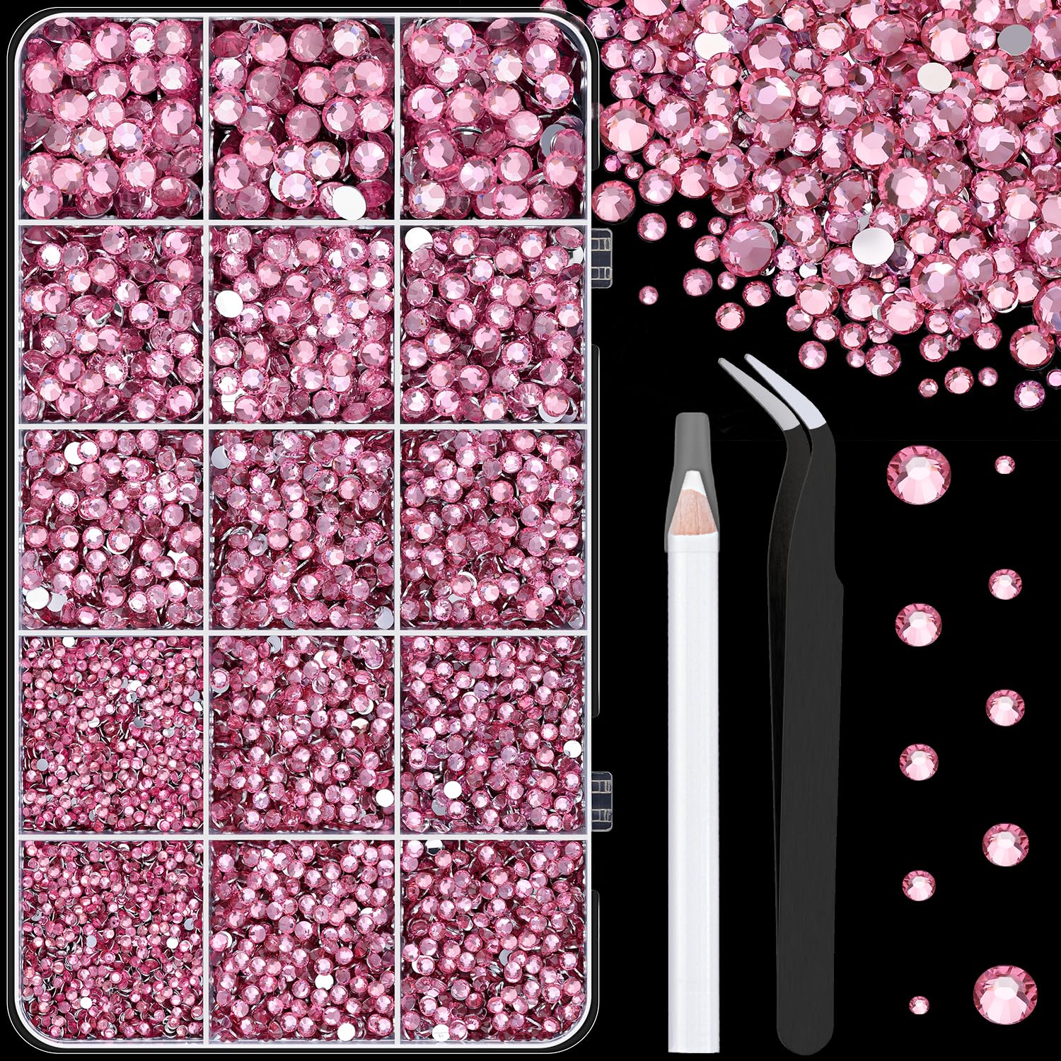16000Pcs Resin Rhinestones with Tweezers for Crafting, Dark Pink 2-6mm Mixed Sizes Non Hotfix Flatback Gems, Bedazzling Crystal for DIY Crafts