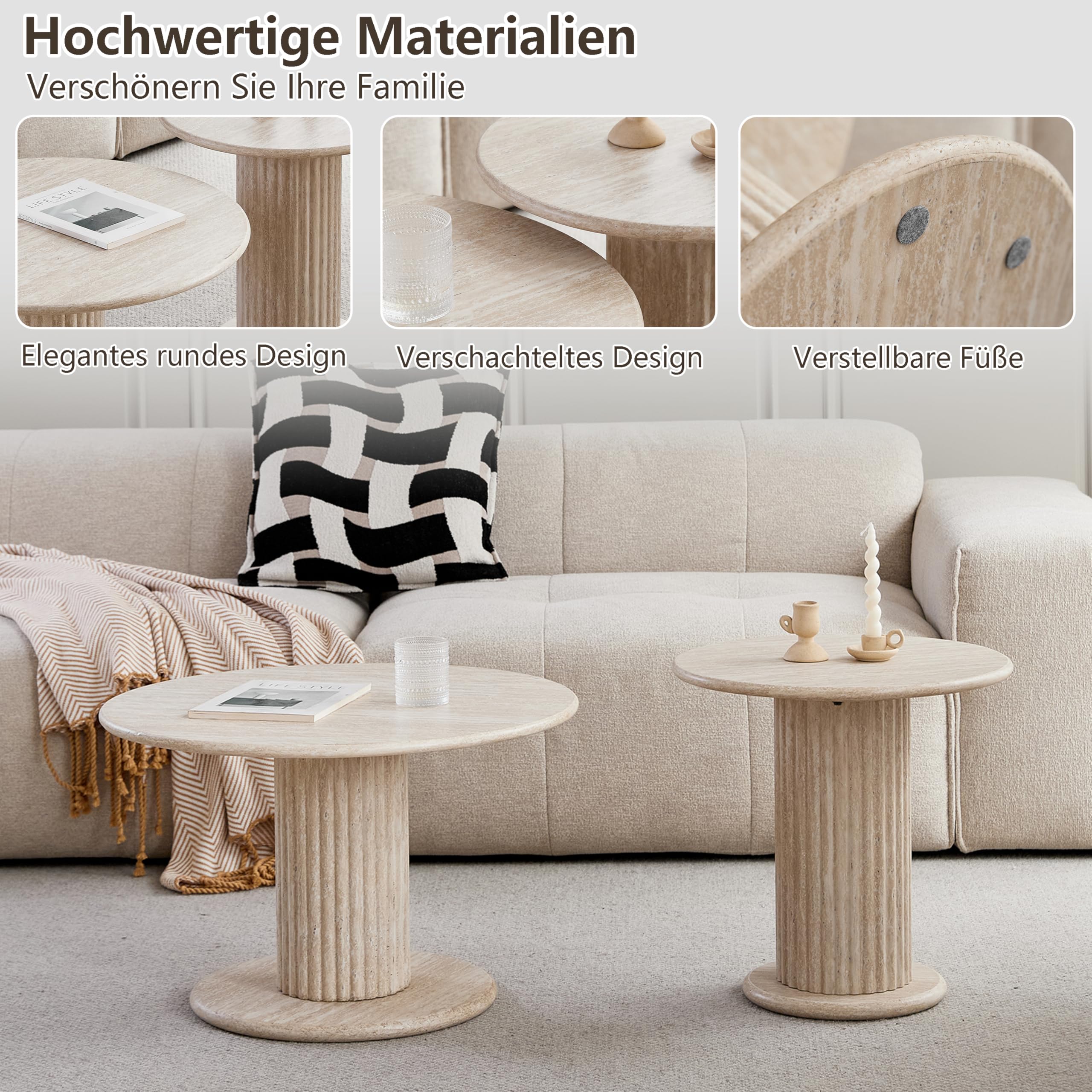 Stücke Beistelltisch 2er Set,Couchtisch rund Set,Couchtisch Moderner, Gelbem Travertin,Kaffeetisch mit römischer Säulenbasis für Wohnzimmer, Balkon, Schlafzimmer
