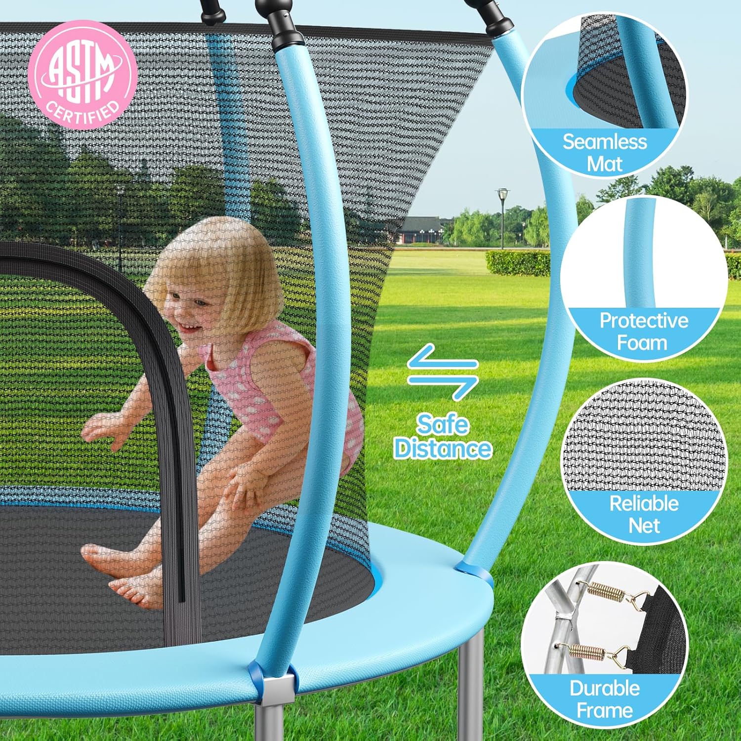 55/60" Trampoline for Kids, 4.5/5 FT Toddler Trampoline with Enclosur Net, Basketball Hoop & Sandbag, 440 LBS Capacity, Adjustable Height,Gifts for Ages 3-12 Boys & Girls - Image 2