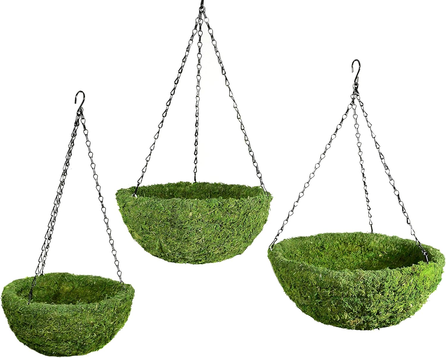 SuperMoss (29320) MossWeave Hanging Basket | Outdoor Hanging Planter with Moss | Decorative Plant Hanger for Porch, Balcony, Garden & Home Décor, Round, Set of 3 (S/M/L), Green
