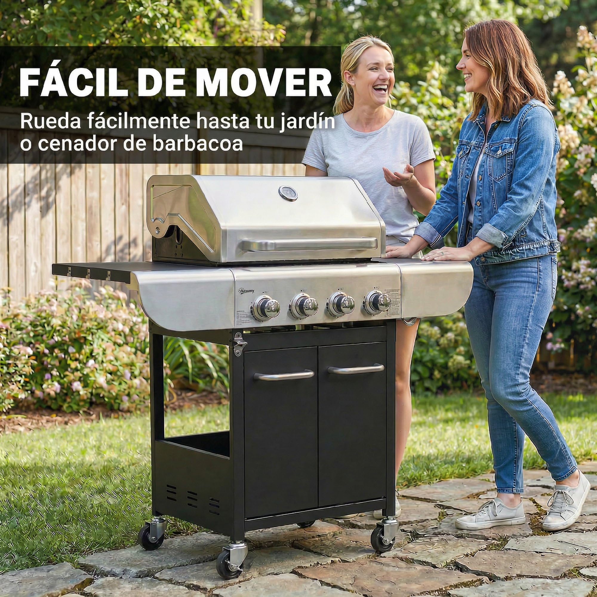 Outsunny Barbacoa de Gas BBQ Gas con 4 Quemadores 12,8 kW Barbacoa Portátil con Termómetro Mesas Laterales Armario Rejilla Calentadora Acero Parrillas de Hierro Fundido Recogedor Grasa 4 Ruedas Negro