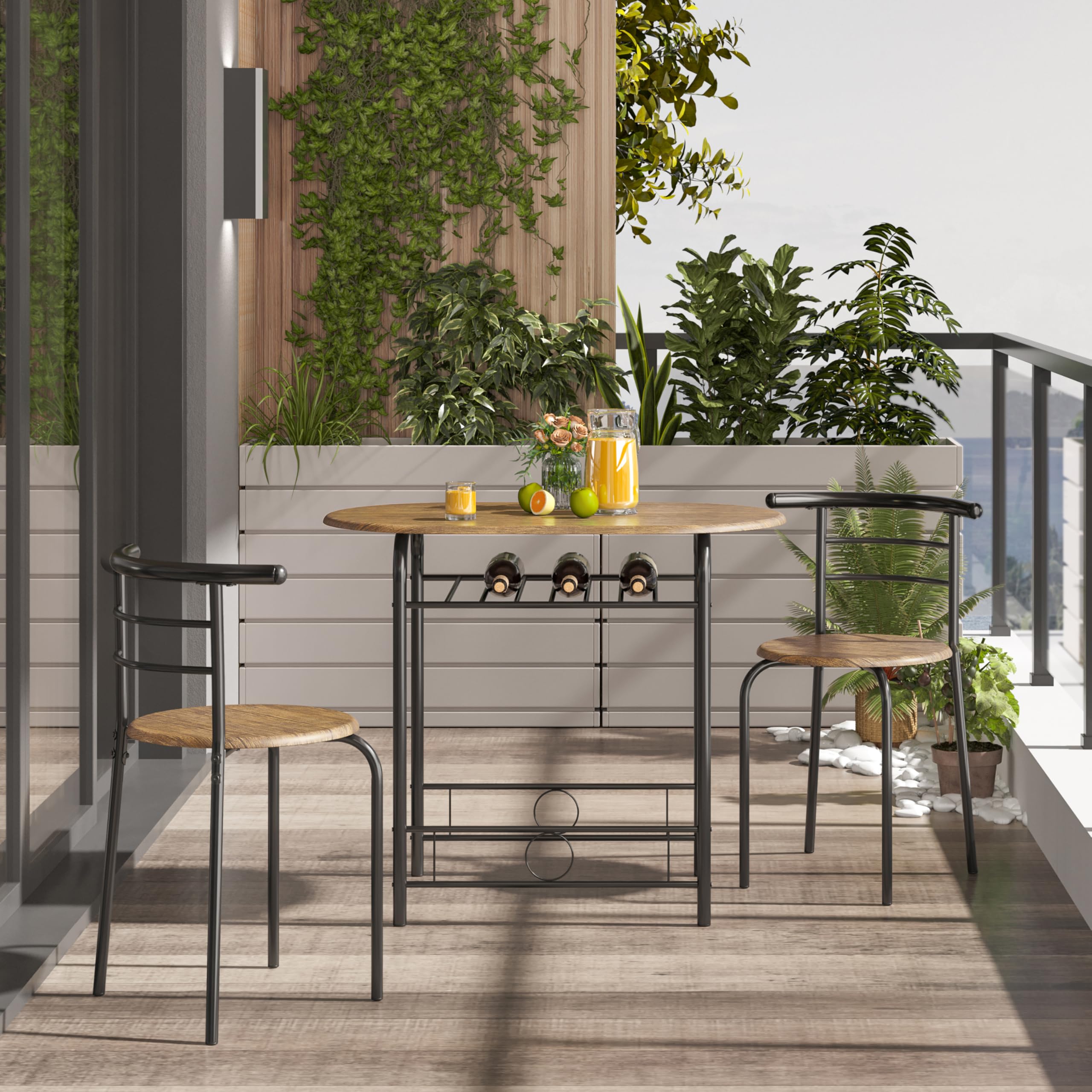 Yaheetech Set Mobili da Bar Tavolo e 2 Sedie Sala da Pranzo Cucina Piccoli Spazi Salvaspazio Balcone per 2 Persone in Legno e Metallo Sedia Portata 136 kg Marrone Retro