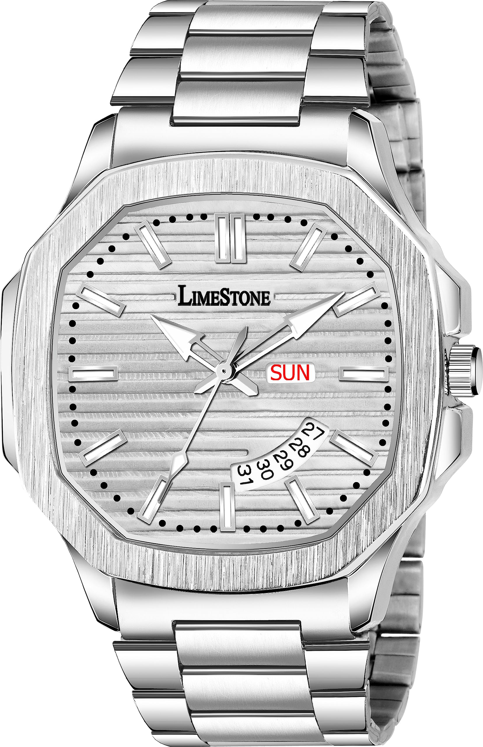 LIMESTONE OTUS 3D Dial Day and Date Functioning Watch, Stainless Steel Strap Analog Wrist Watch for Men & Boys, Round Dial Watch (Silver) (B0CCHZQ21S) Amazon Price History, Amazon Price Tracker