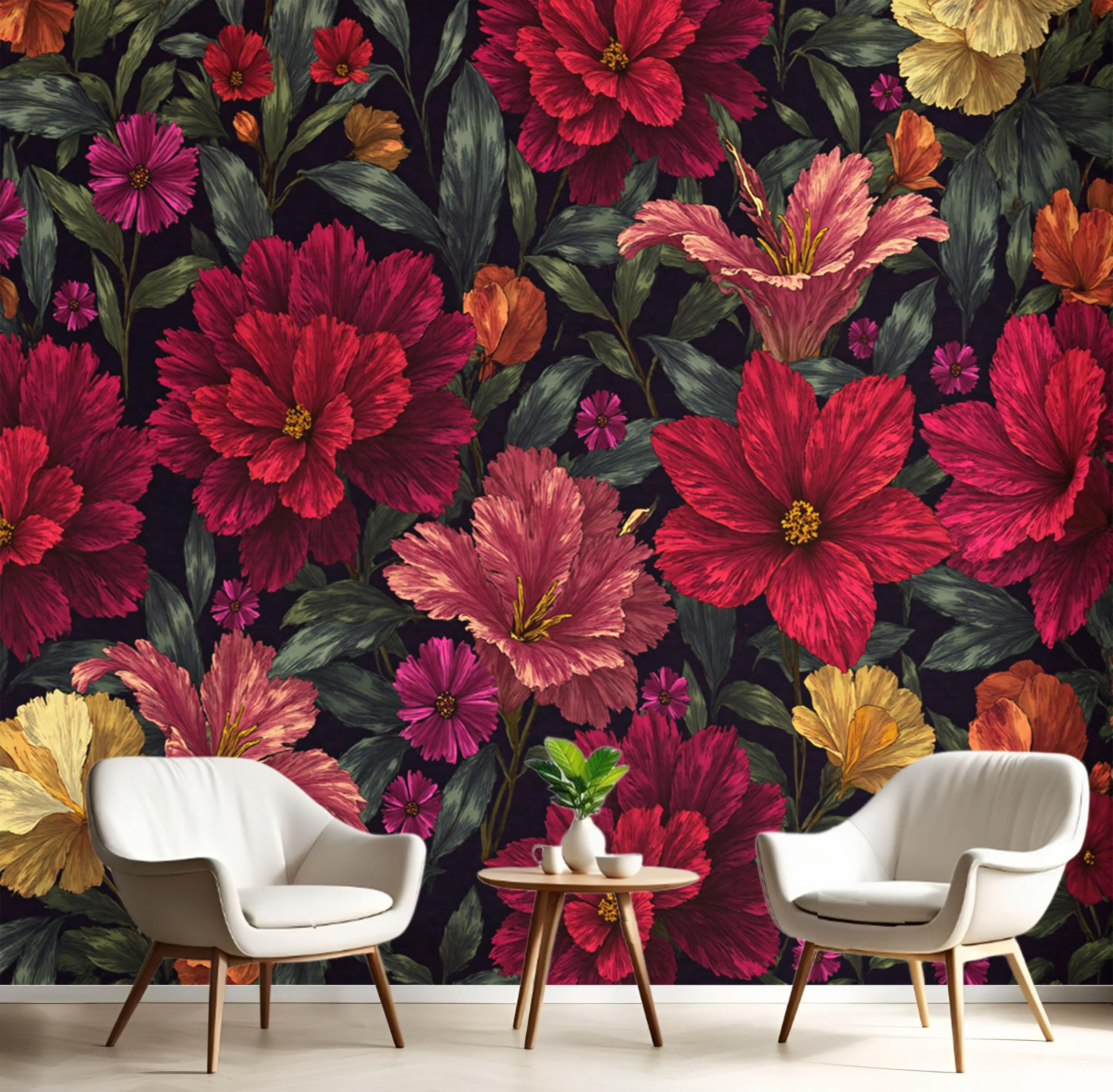 Papier peint panoramique floral rouge foncé 450x315 cm xxl pour salon et chambre