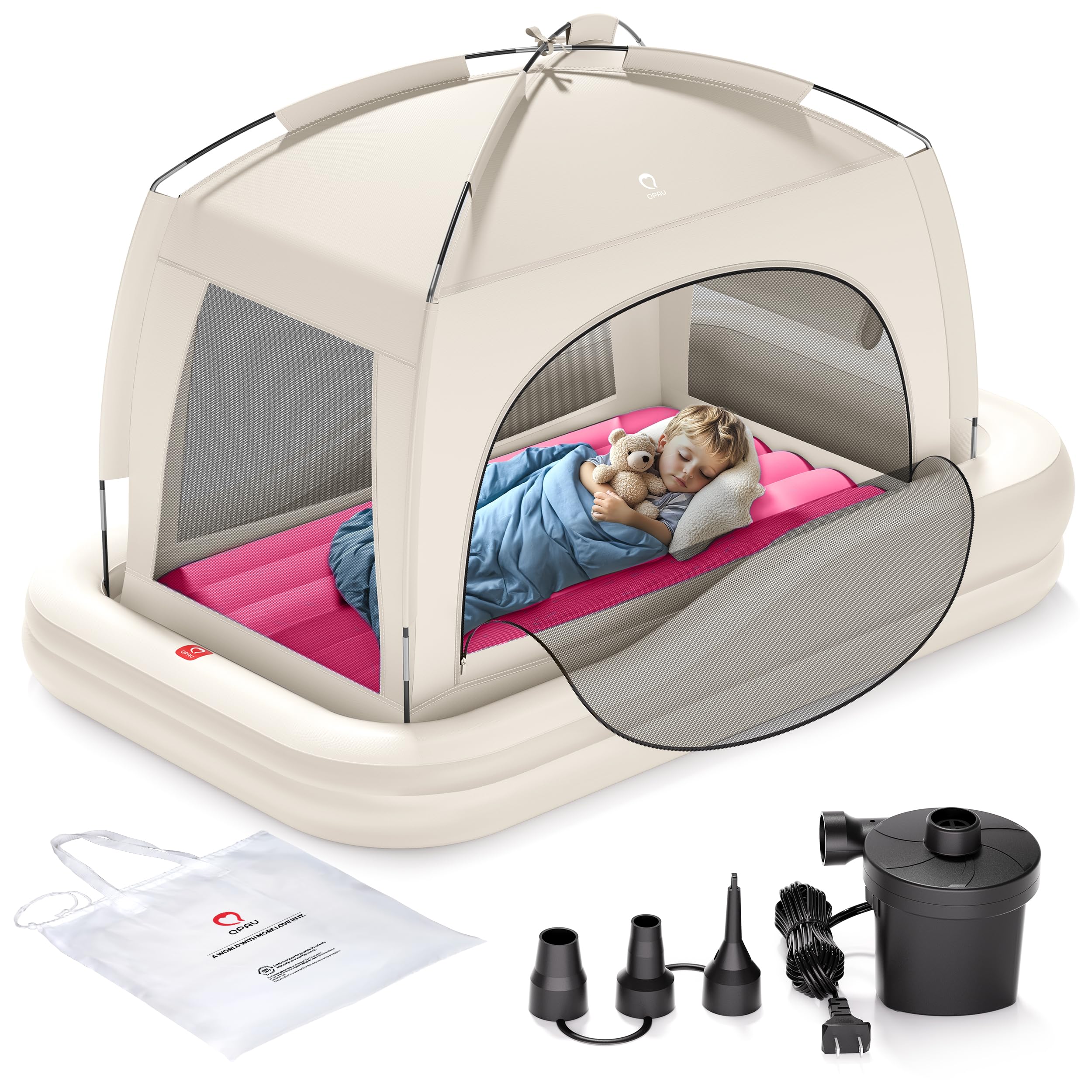 QPAU Toddler Travel Bed, color caqui y rojo