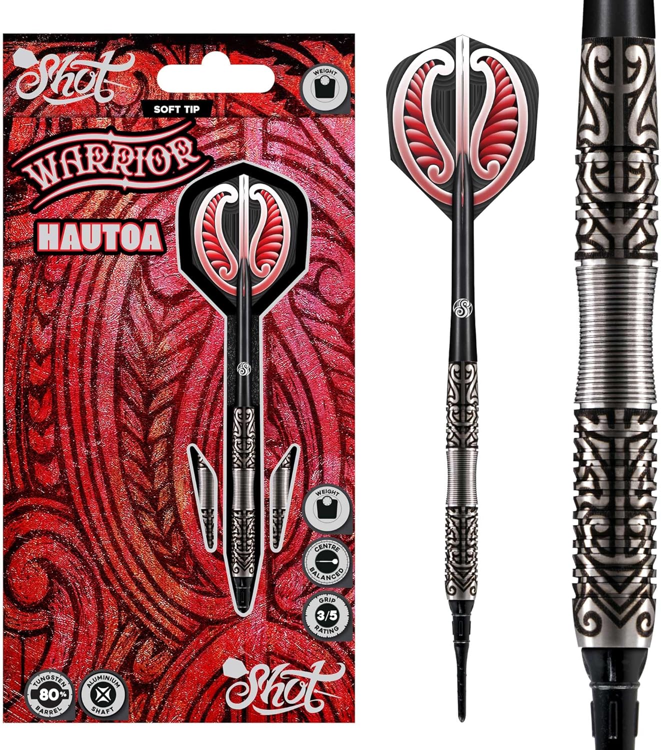 Shot Darts Soft Tip, Warrior Hautoa (18g/20g) 80% Tungsten Center Balanced-Secure Grip for Maximum Aerodynamics | Professional Soft Tip Darts Set for Electronic Dartboard | Made in New Zealand