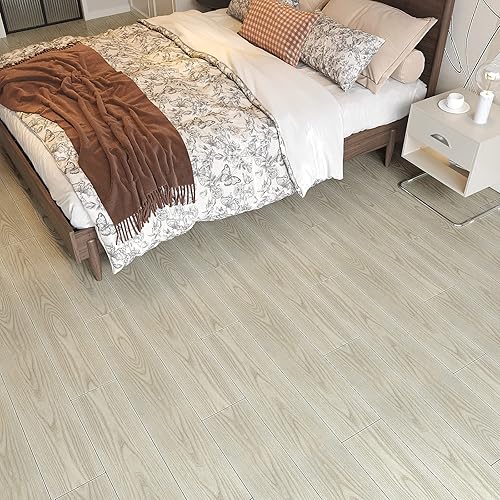 Miniatura 4 de VEELIKE Paquete de 12 pisos de tablones de vinilo de madera gris beige de 6 x 36 pulgadas, azulejos de piso de suelo de madera para despegar y