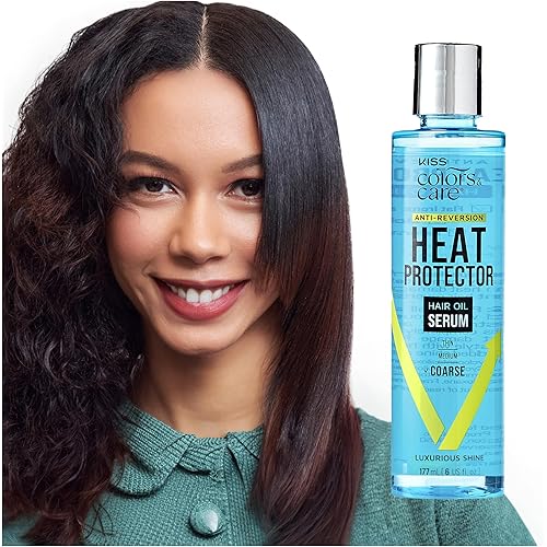 KISS Colors & Care Anti-Reversion Heat Protector Hair Oil Serum for Coarse Hair, 177mL (6 fl. oz.), Shields from Heat Damage, Nourishes & Keeps Hair Sleek and Smooth for Up to 2 Weeks