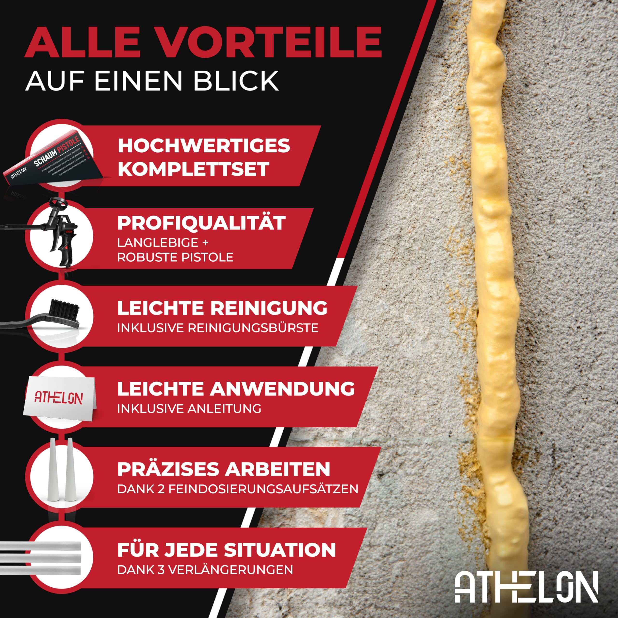 ATHELON® Pistola in schiuma PU – Pistola ergonomica in schiuma con rivestimento in teflon, valvola di dosaggio fine e inserti per un'applicazione precisa e semplice di schiuma di costruzione e schiuma