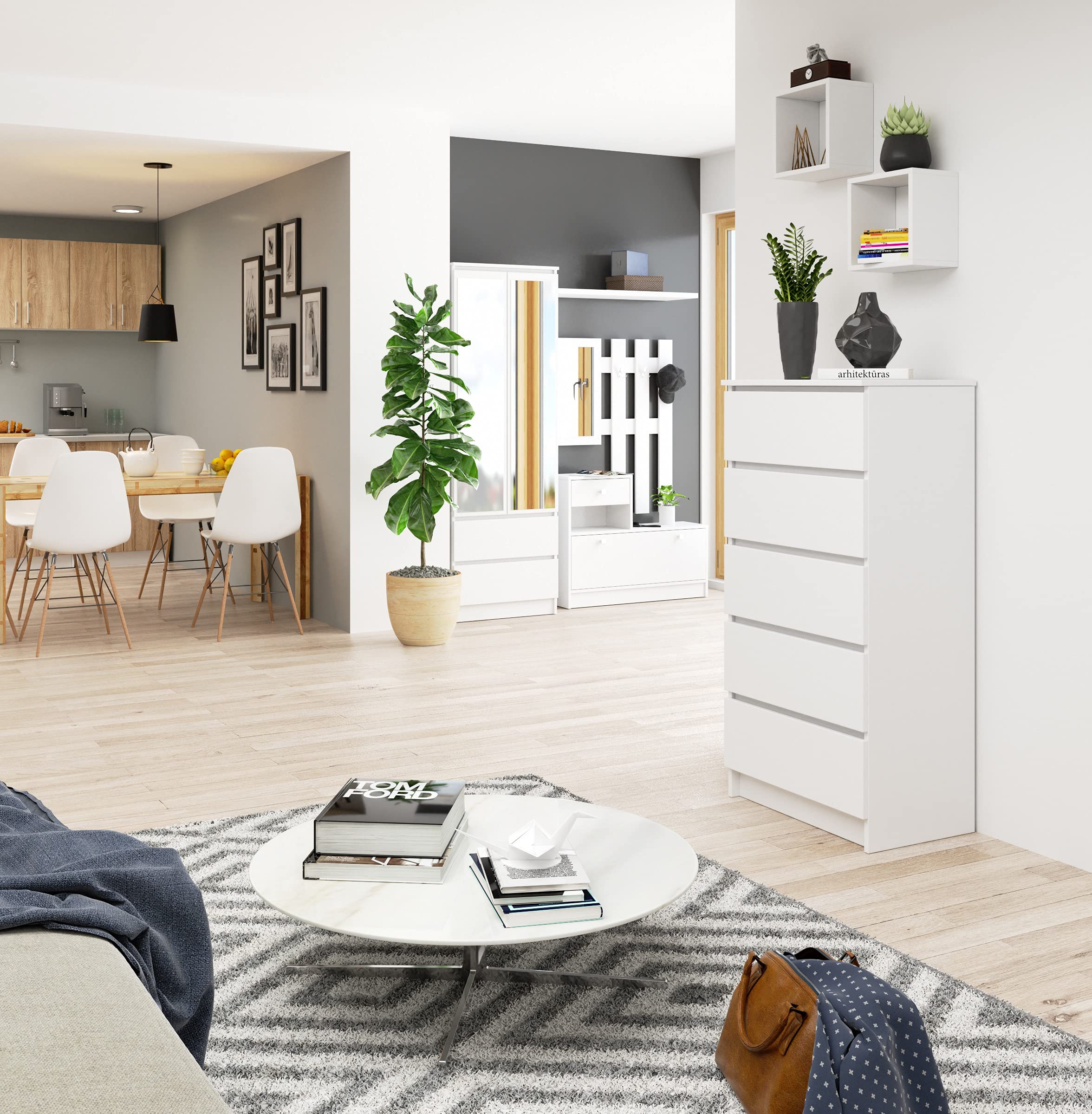 Home Collective Kommode weiß 60cm breit mit 5 Schubladen, Schlafzimmer und Wohnzimmer, vielseitig einsetzbar für Flur und Kinderzimmer Küche, Haushalt & Wohnen