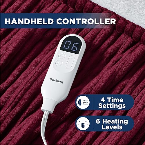 Vista 150 de Bedsure Manta eléctrica individual – Manta térmica de franela suave acanalada, manta térmica con 10 ajustes de tiempo, 6 ajustes de calor