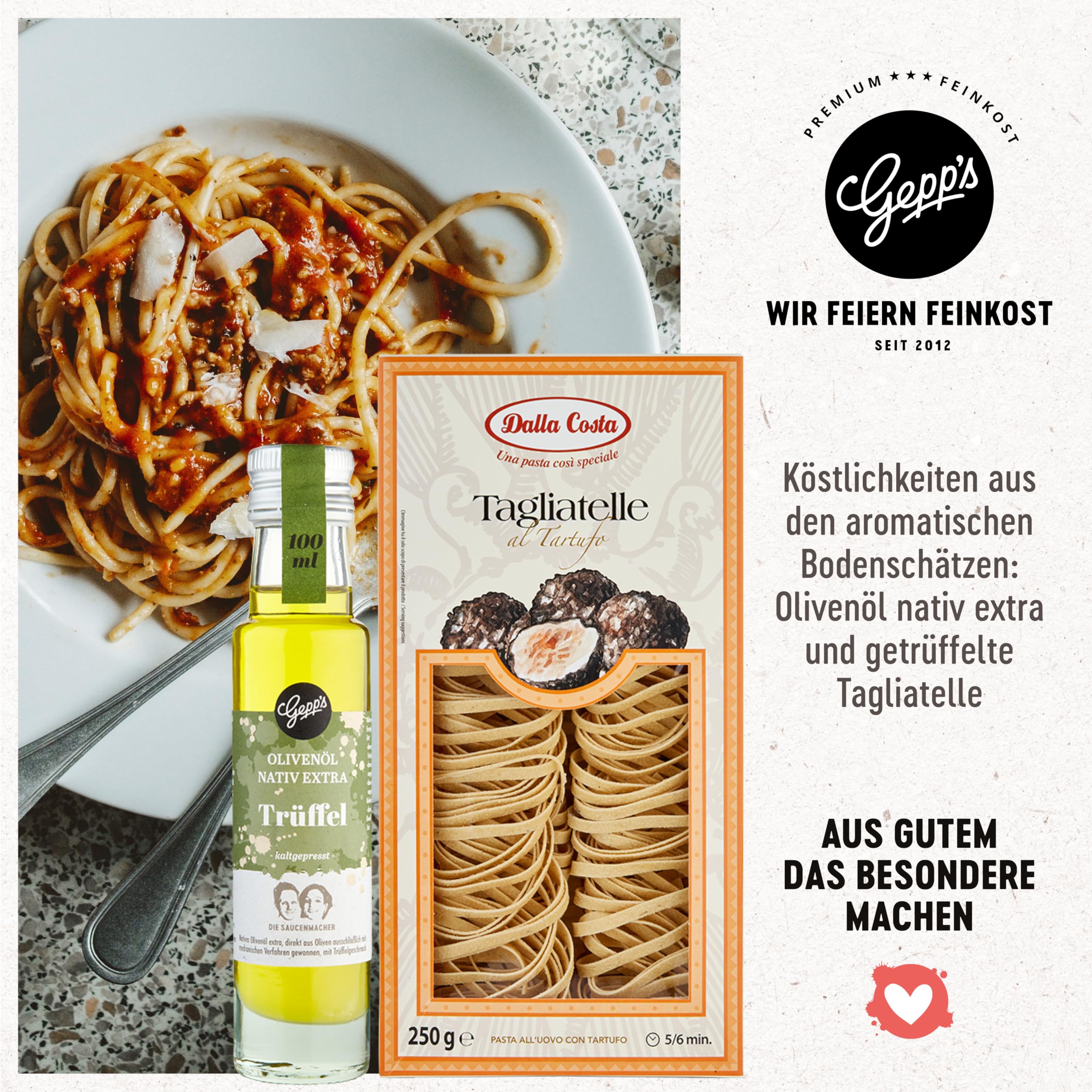 Gepp’s Feinkost Trüffelglück Geschenkbox mit Sommertrüffel Bruschetta, Trüffelpesto, weißem Trüffelöl, Single Tartufo Nero, Weißer Trüffel Sauce & Pasta