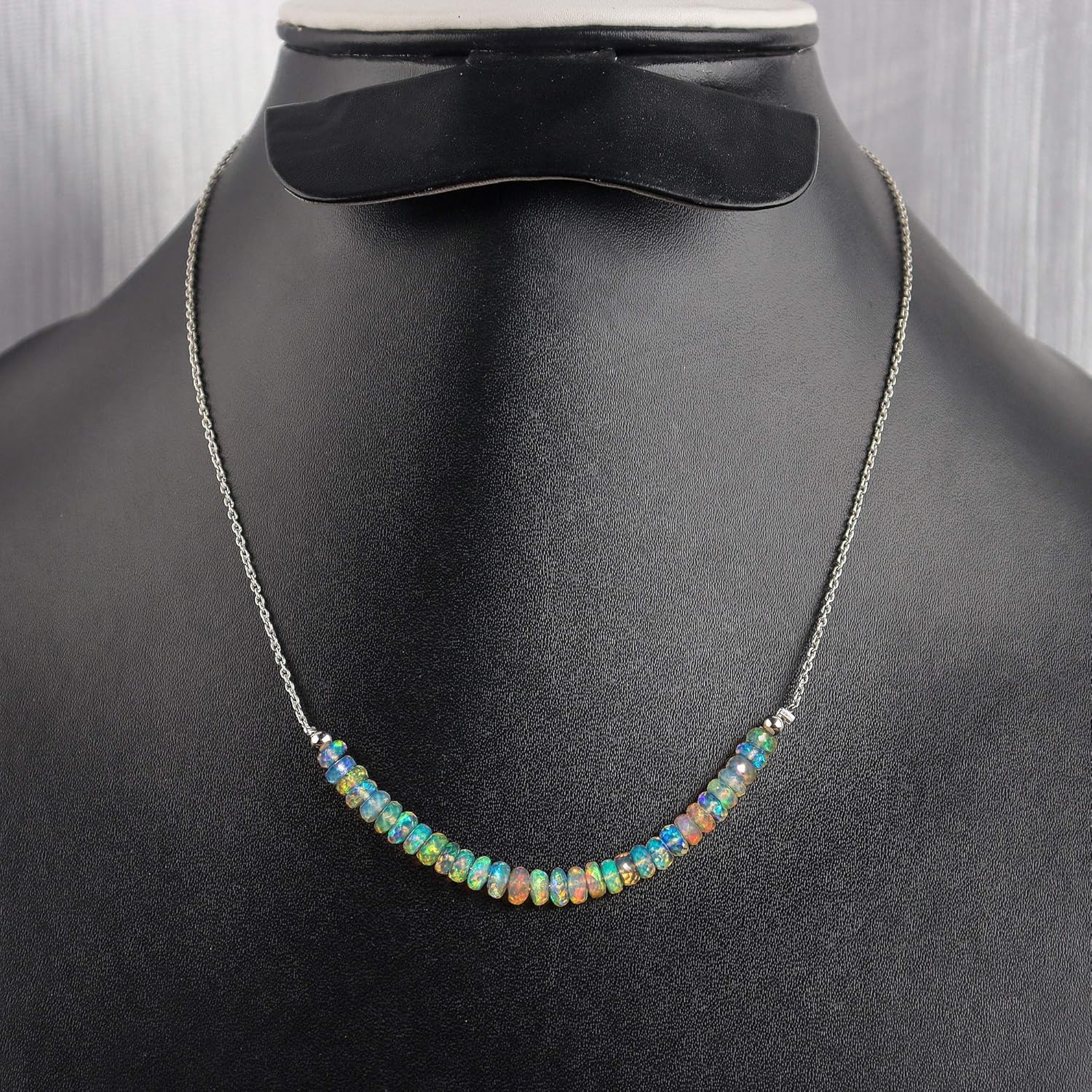 OdrillionGems 100% Natural Ethiopian Opal Gemstones Dainty Bar Necklace, 925 Sterling Silver, Faceted Beads, Healing Crystals, Adjustable, Handmade, Wedding, Women Jewelry, Valentine Gift, 18" Inches - Image 6