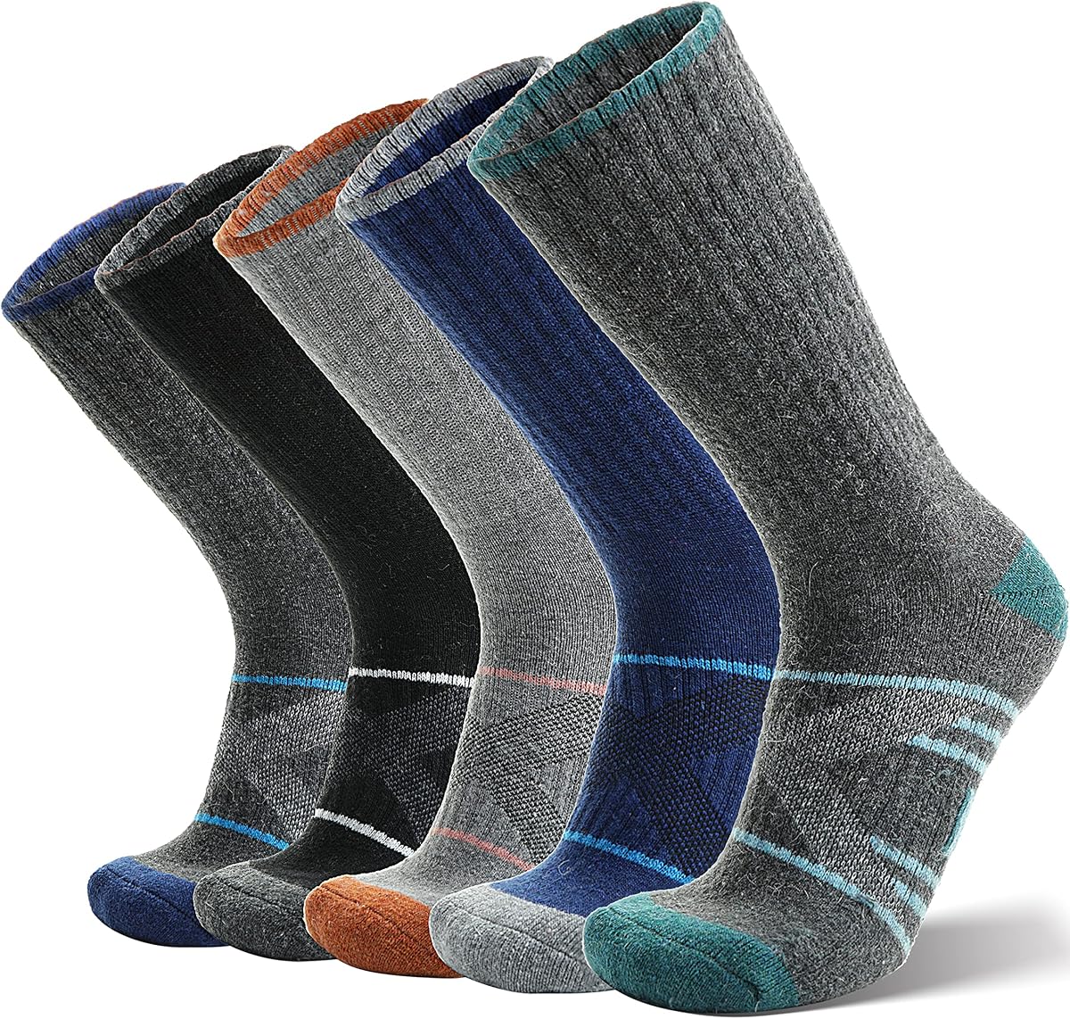 Calcetines de senderismo de lana merino, calcetines de trabajo con botas redondas para hombres y mujeres | Absorbe la humedad, Malla con patrón en X, Cojín específico, Cálido térmico para invierno, Soporte de estabilización del arco de la pantorrilla, 5 pares