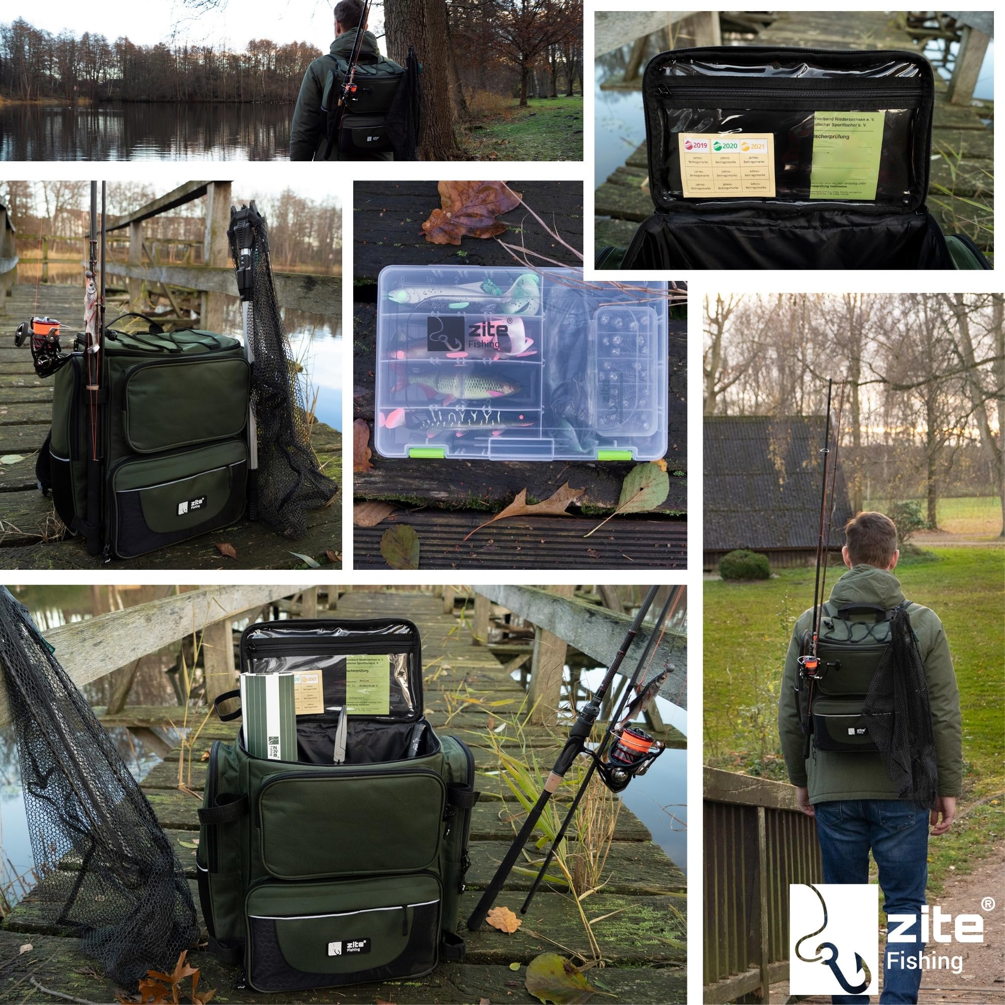 Zite Fishing Angelrucksack mit Boxen & Rutenhalter – Große Angeltasche mit Boxen (4 Stück) - Angel Rucksack-mit-Boxen - extra Dickes Rückenpolster, Angelrucksack-mit Rutenhalter, Fishing Backpack