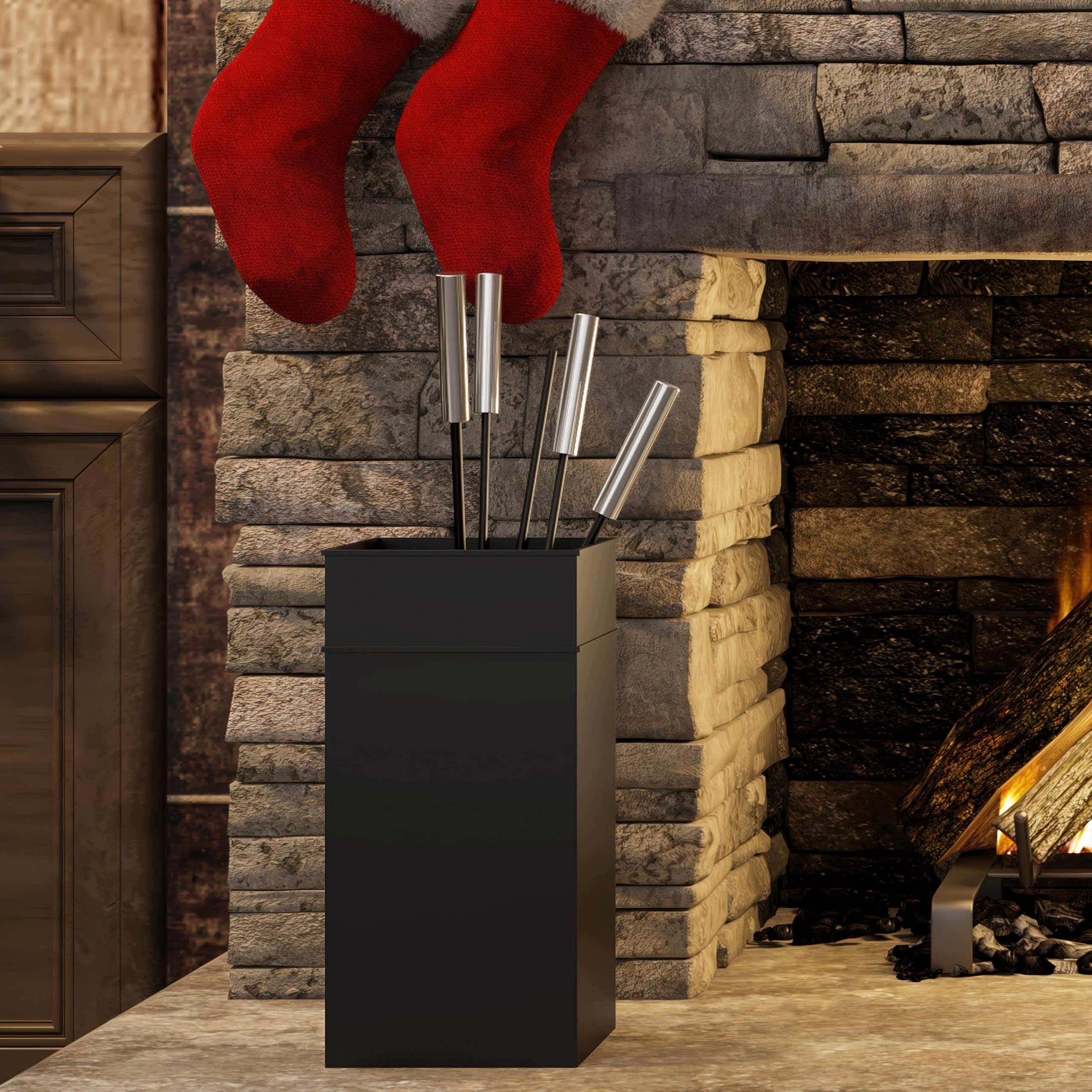 Juego de elegantes herramientas para chimenea de Kingsons Incluye cepillo, pala, atizador y pinzas con mangos de acero inoxidable Diseño elegante para quemadores de leña y chimeneas Set de accesorios
