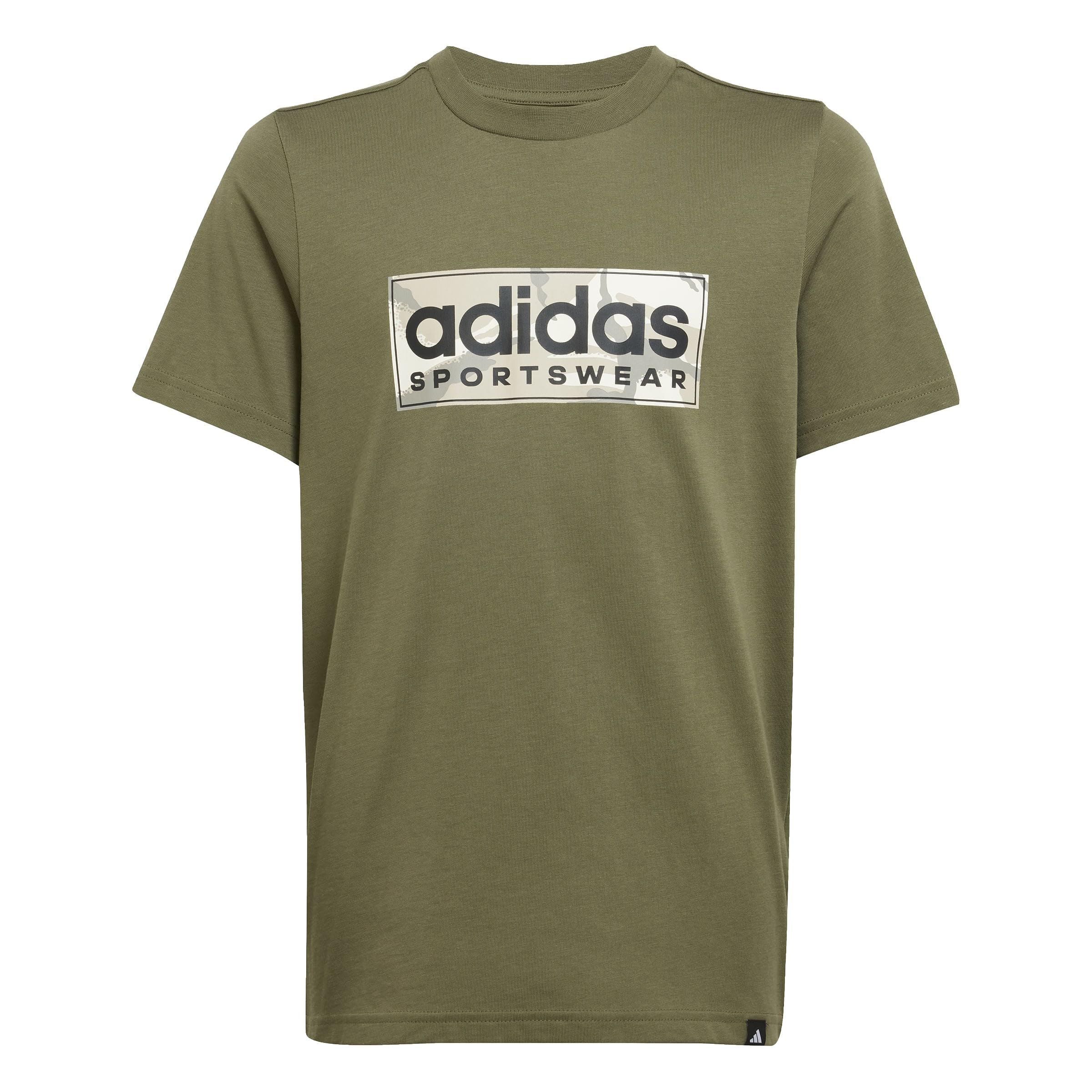 adidas Boy's CAMO Linear Junior Boys Graphic TEE, Olive strata, 13-14 Years