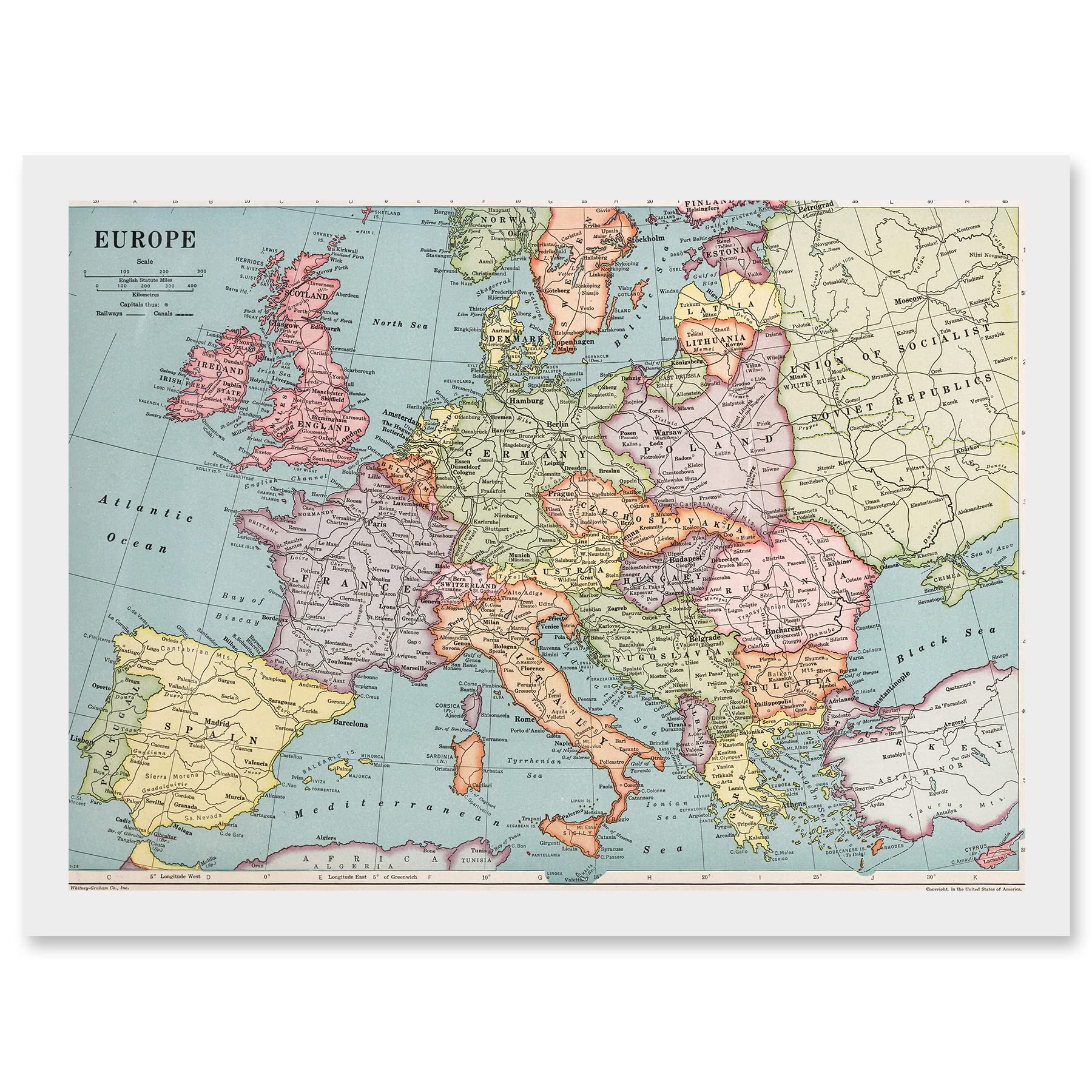 Artery8 Whitney-Graham 1930 Europe Political Map Artwork Framed Wall Art Print A4
