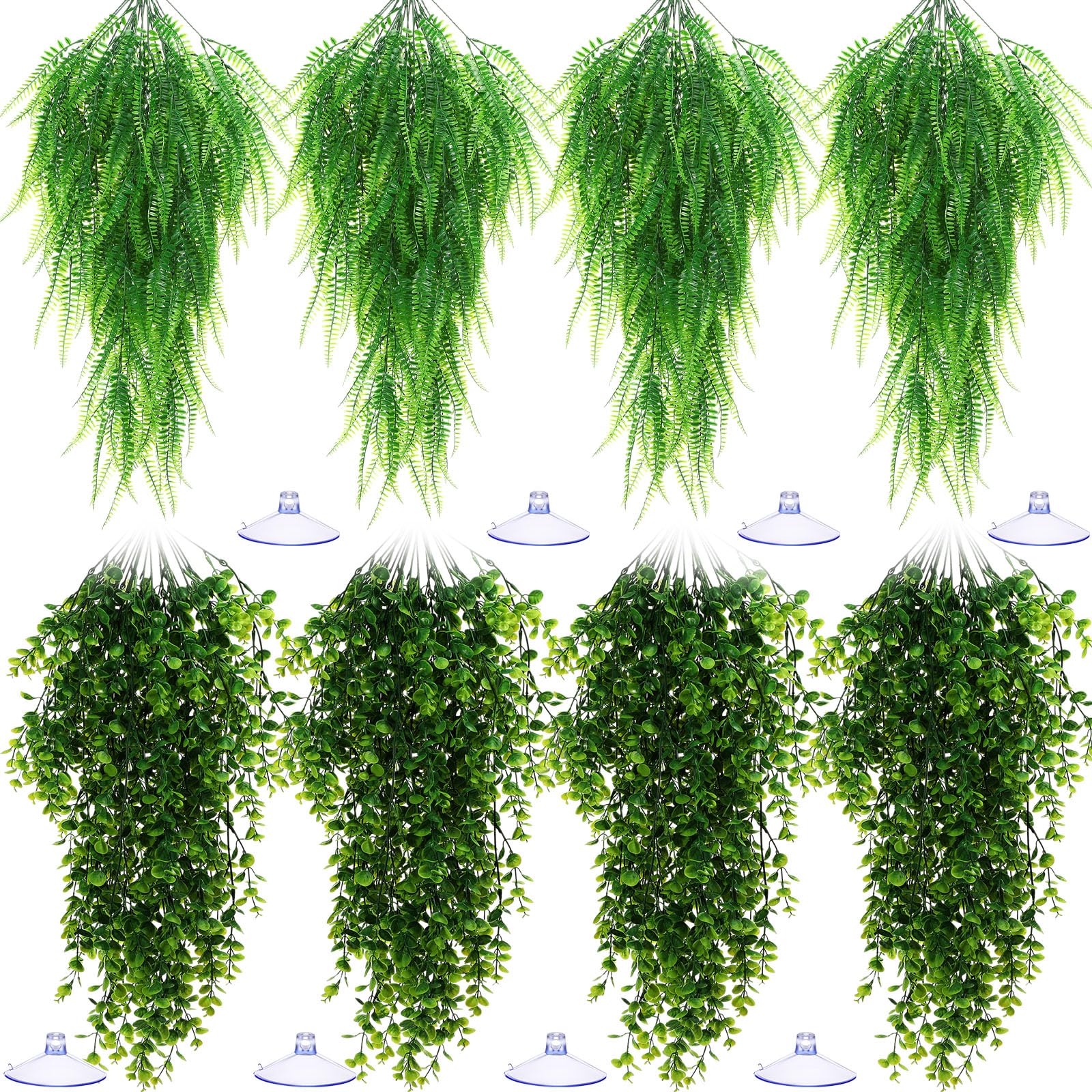 Suncalla 8 Pack Reptile Plants Terrarium Hanging Plant Vine Boston Climbing Terrarium Plant with Suction Cup for Bearded Dragons Lizard Crested Gecko Snake Crab Tank(Classic Series,Light Dark Green)