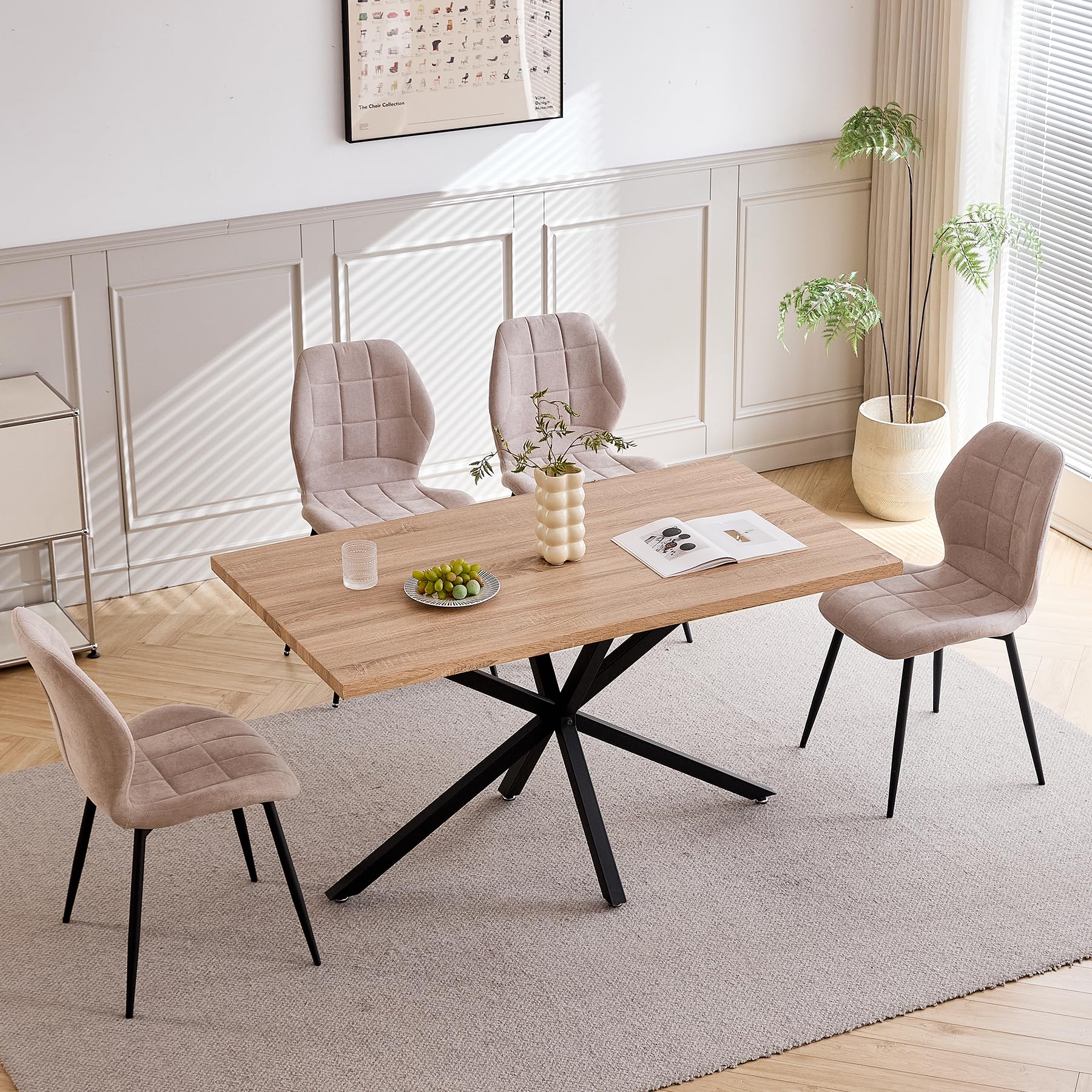Set da Pranzo 140 x 78 x 77 CM Tavolo da Pranzo Rettangolare in Legno con 4 Sedie con Schienale Alto e Gambe in Metallo Laccato Nero (Tavolo Colore naturale + Sedia Beige)