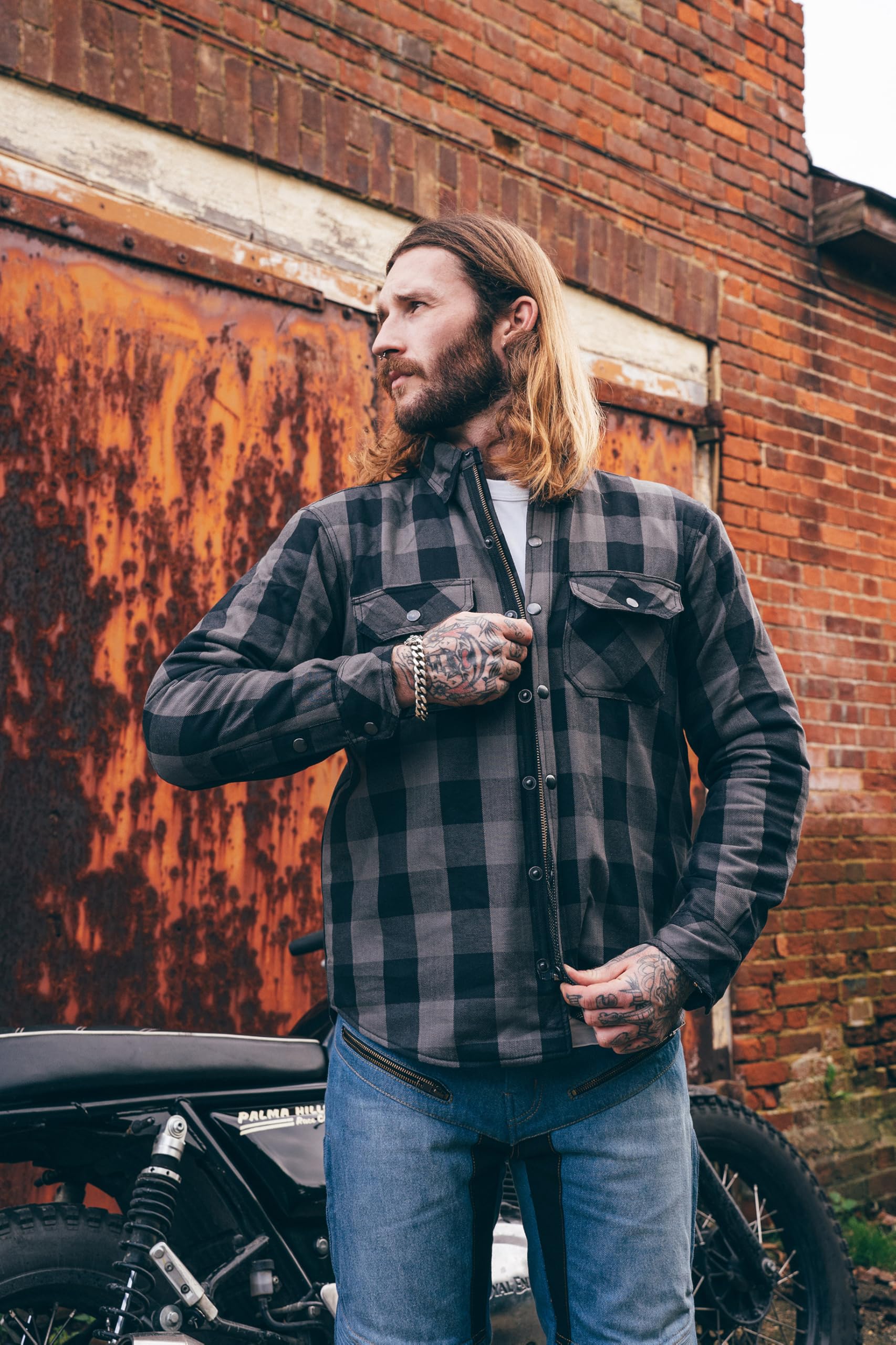 Texpeed Camisa moto hombre protecciones - Chaqueta de cuadros de motociclista fabricada con Aramid 280 g/m2 con armadura de protección (EN 1621-1) Gris - L