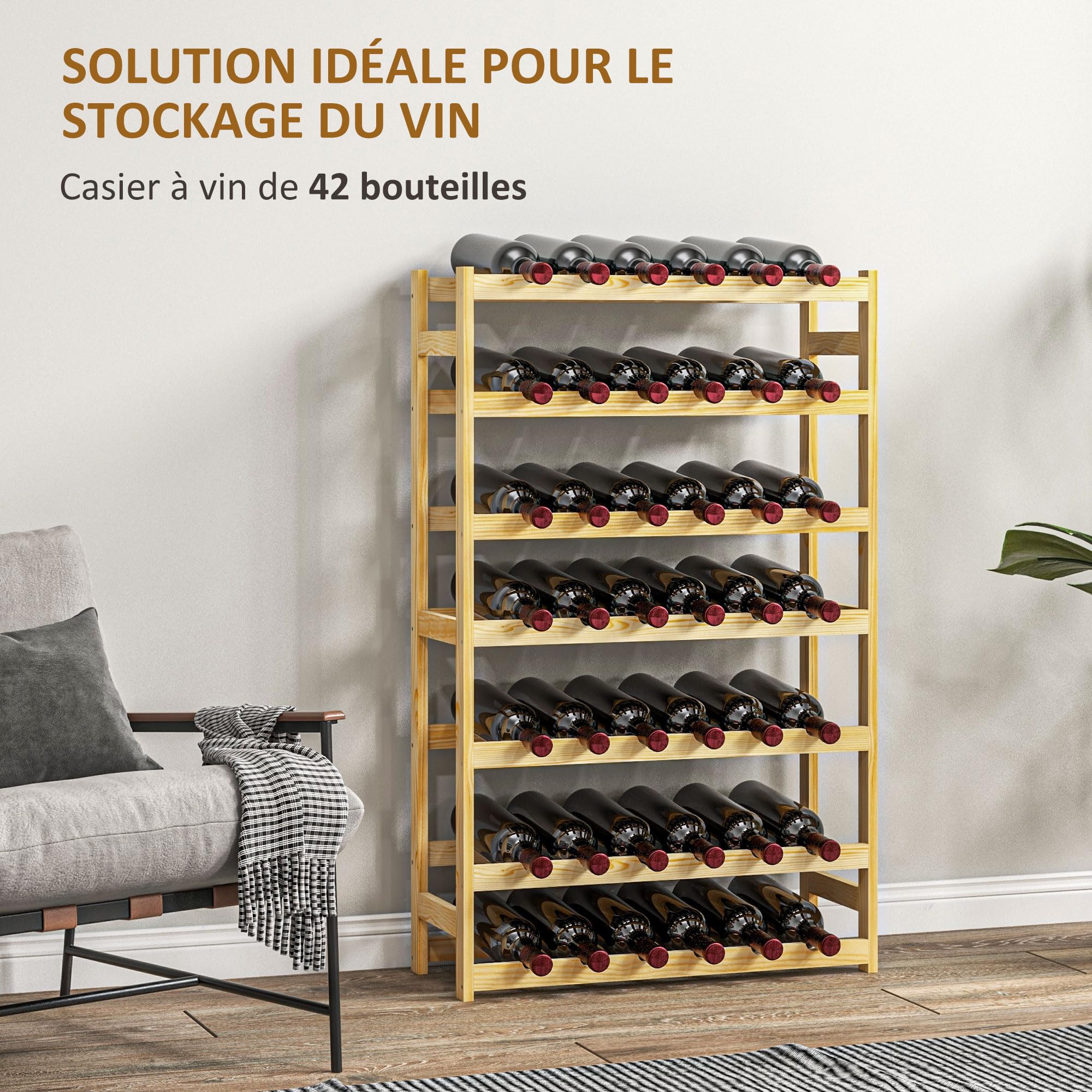 HOMCOM Casier Bouteilles vin pour 42 Bouteilles, Porte-Bouteille en Bois à 7 Niveaux, Range Bouteille étagère à vin pour Salon Bar, 63 x 25 x 102 cm, Naturel