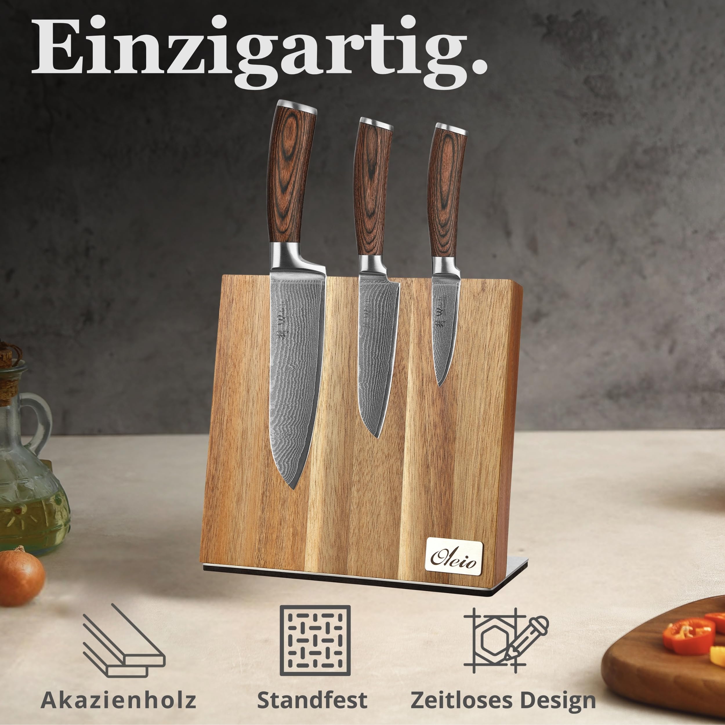 Wakoli EDIB Messerblock-Set mit 3 Damastmessern, 67 Lagen und VG10-Kern | Santoku 17 cm, kleines Santoku 12 cm, Officemesser 8,5 cm; magnetischer Messerblock aus Holz, Pakkaholzgriffe, Holzbox