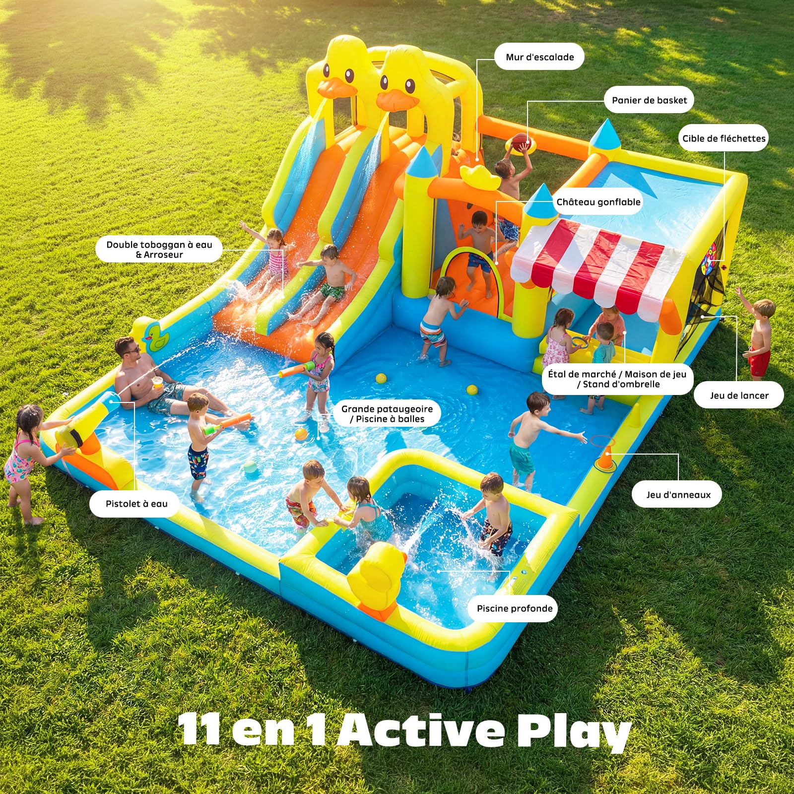 Hapfan Château Gonflable 11-en-1 avec Double Toboggan Aquatique – Piscine, Pistolet à Eau, Mur d’Escalade & Panier de Basket pour Les Plus Grands –520 * 445 * 245cm, Idéal pour Une fête de Jardin
