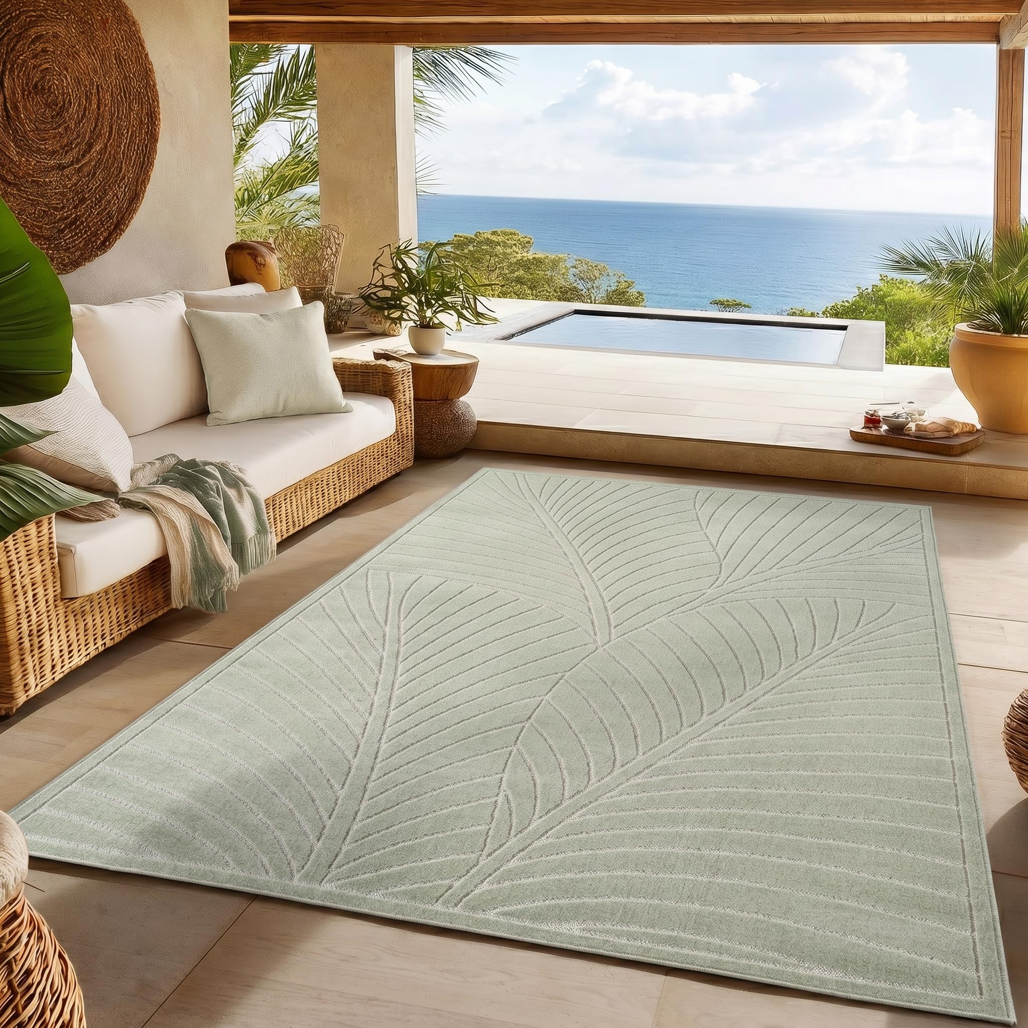 SIMPEX Kurzflor Teppich Wohnzimmer, Schlafzimmer, Küche, 3D Hoch-Tief-Effekt, Skandinavisch Boho Motiv, für Outdoor Bereich geeignet Terrassen oder im Balkon