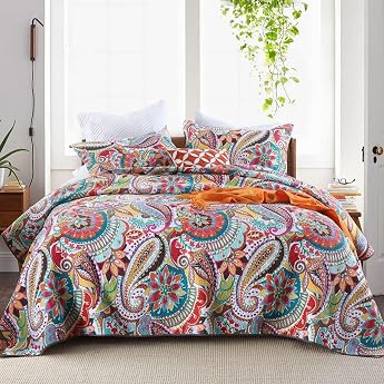 Qucover Tagesdecke Bunt 240x260cm aus Baumwolle Boho Bett berwurf XXL f r Doppelbett Ganzj hrige Gesteppte Decken Set mit 2 Kissenbez ge Gro e Sofa berwurf Paisley Muster