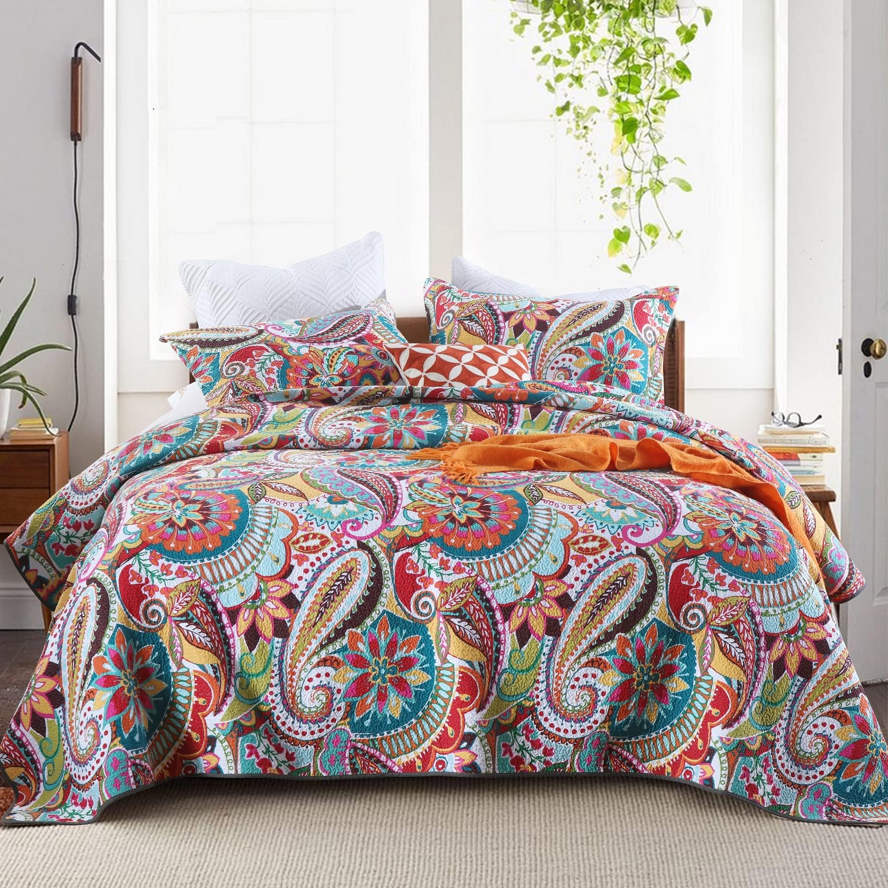 Qucover Copriletto Matrimoniale Estivo in Cotone, Trapuntino Boho 250x270cm, Colorato Copriletti Trapuntato con Due Federe con Motivo Paisley Fantasia