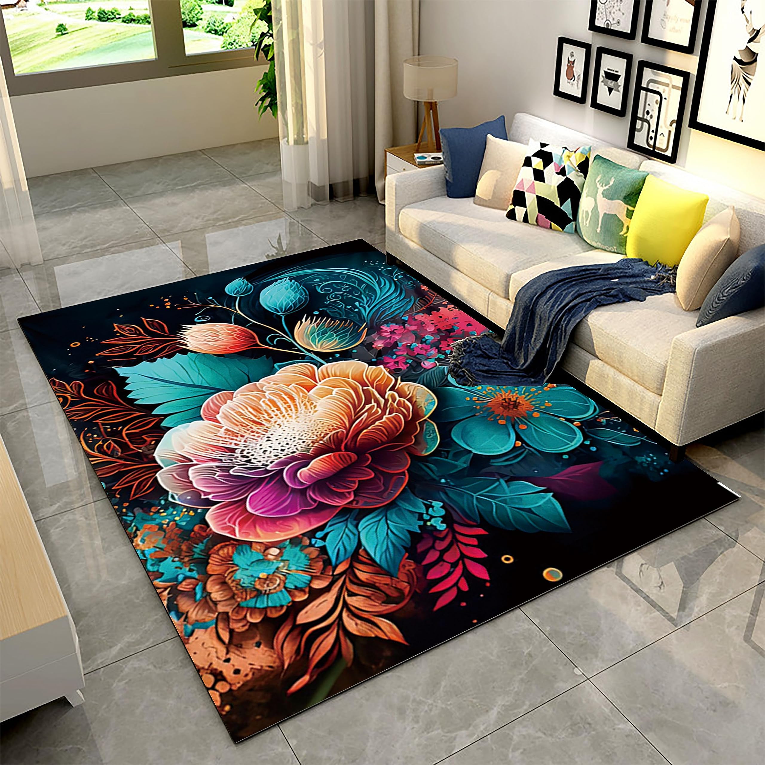 Pretty Peony Accent Rug Ambesonne Folk Art Decorative Rug, Bohemian