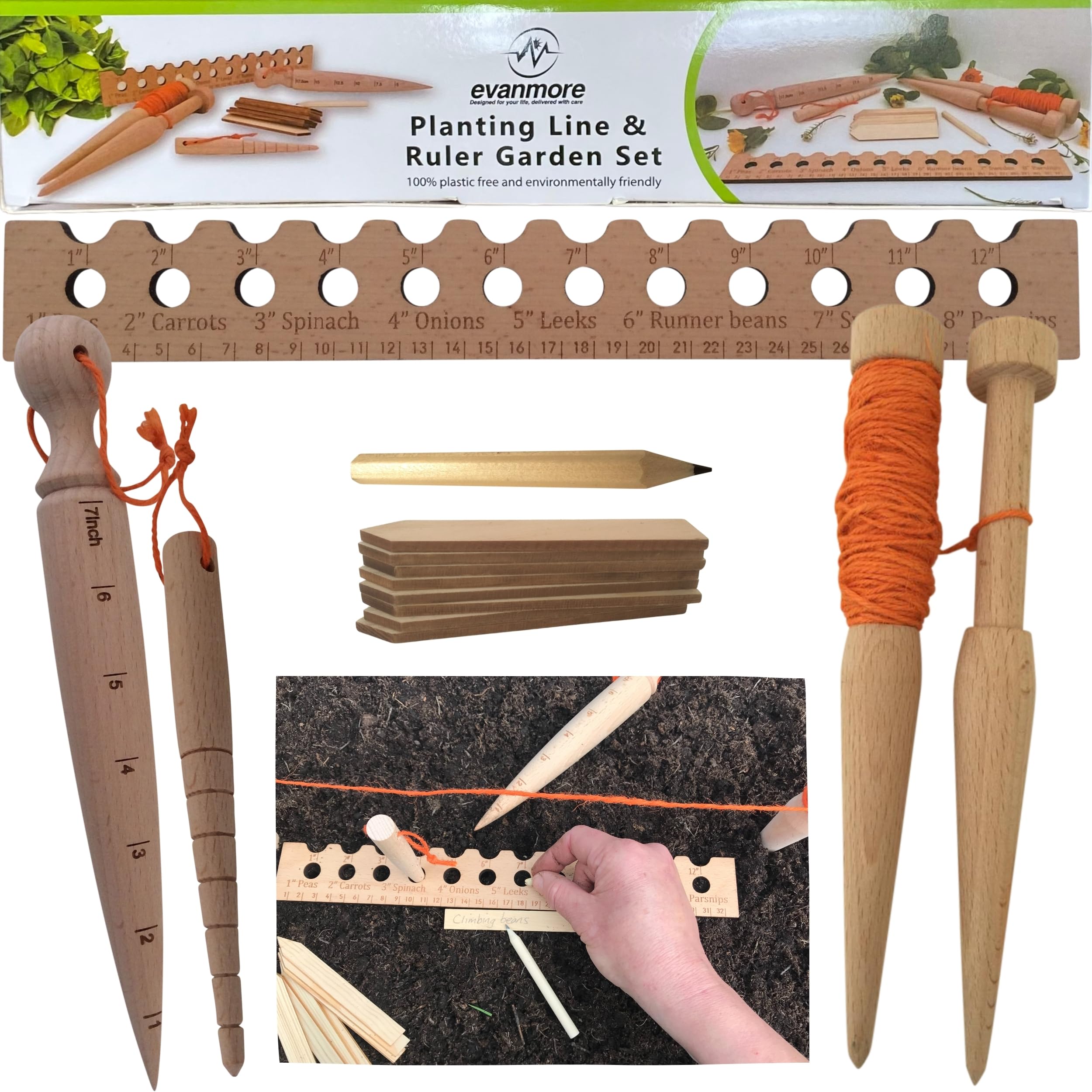 Evanmore Garden Gift Planting Tool Set - Ruler Seed & Seedling Spacer, Line Row Marker, Large & Small Dibber, 8 Seed Marker Labels & Pencil. 100% Plastic Free & Environmentally Friendly