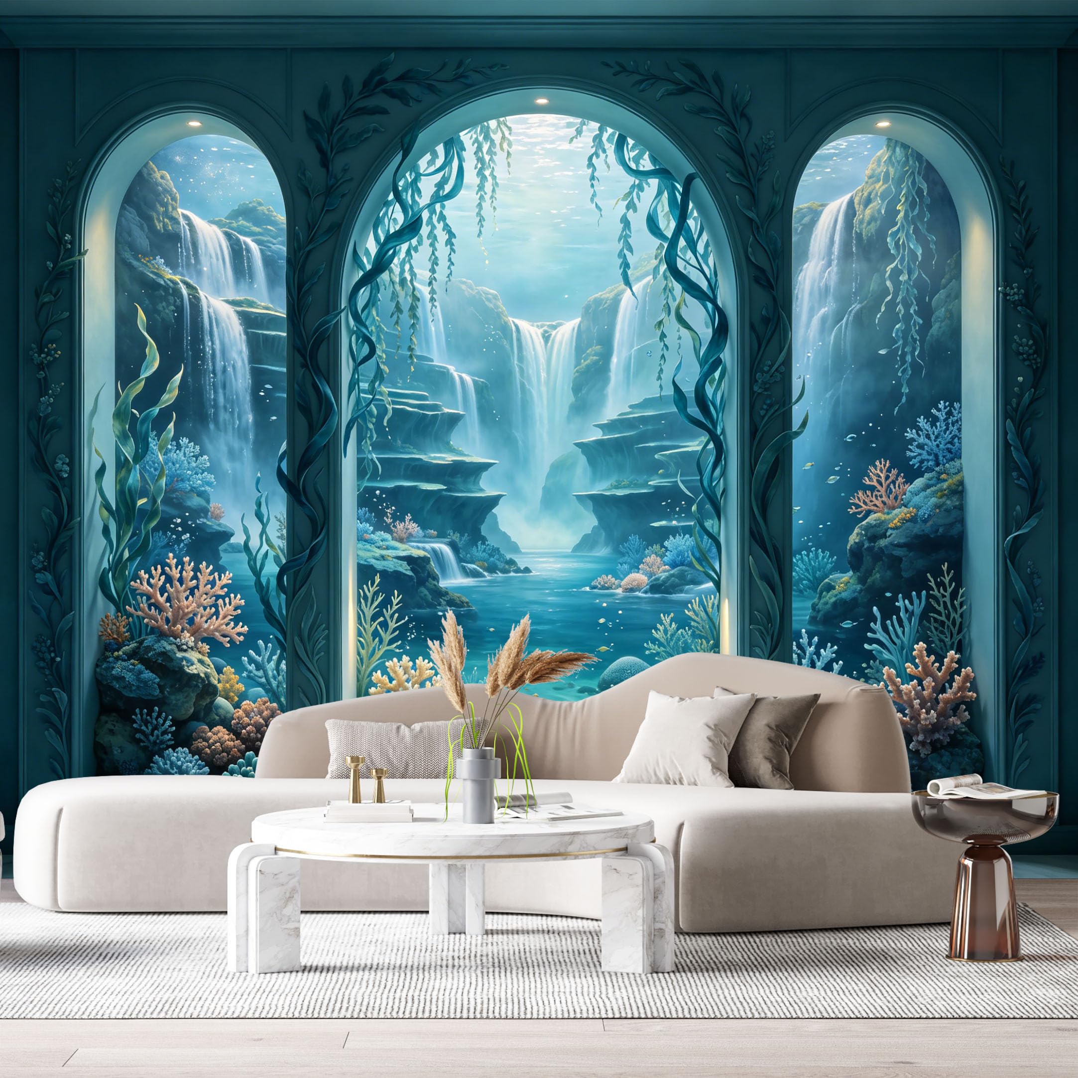 Custom Size Wall Murals Underwater Waterfall Coral Reef Ocean 3D Trompe L'Oeil SelfAdhesiveWall Fabric Removable Wallpaper Wall Decor for Living Room Bedroom Bathroom